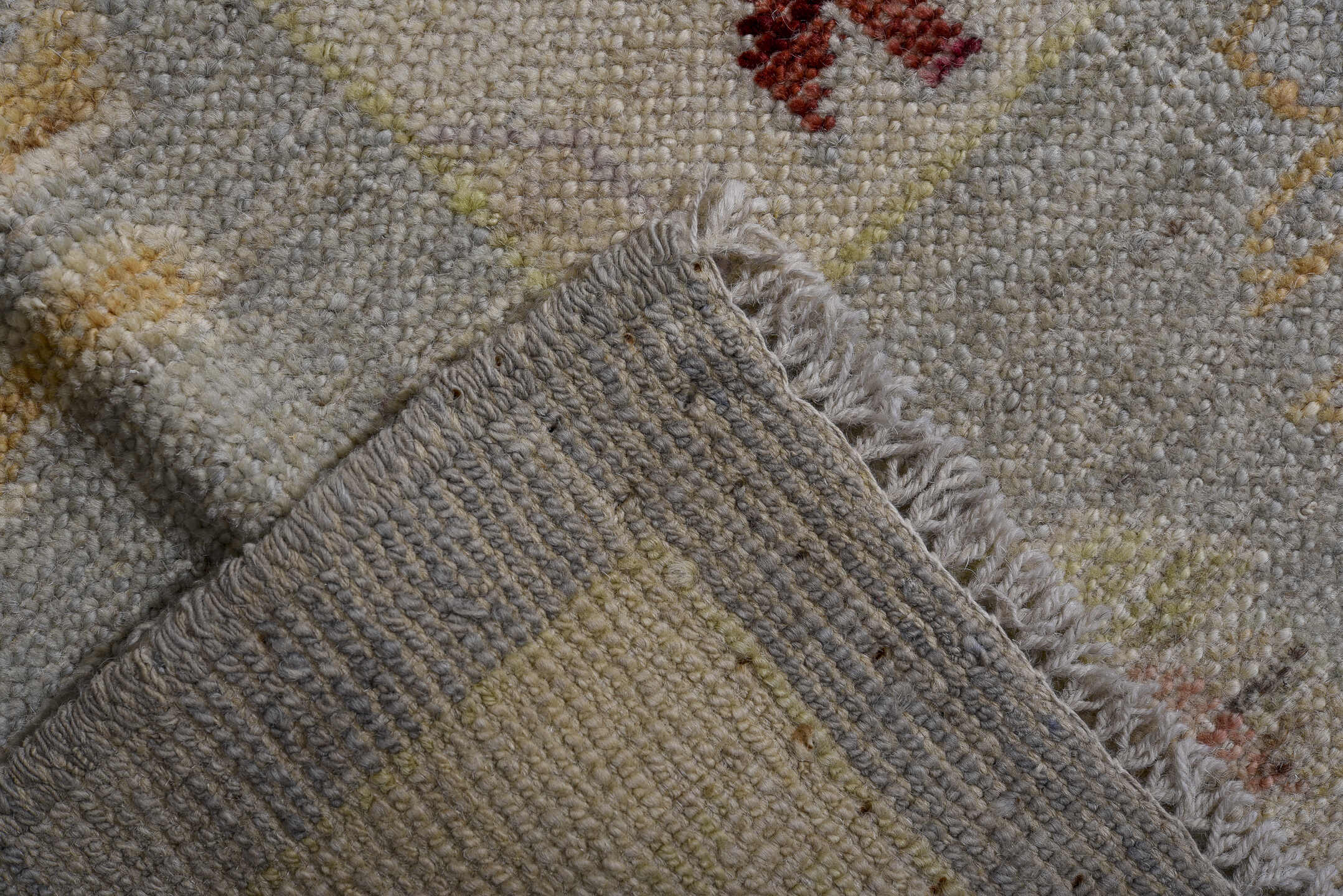 10' x 13' one-of-a-kind handmade vintage Oushak large size rug. Color palette: pale blue, ivory, blush, sage, gold, burgundy