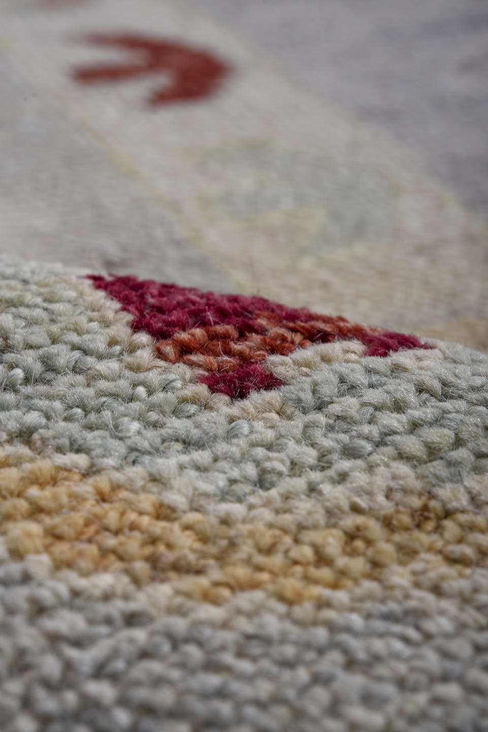 10' x 13' one-of-a-kind handmade vintage Oushak large size rug. Color palette: pale blue, ivory, blush, sage, gold, burgundy