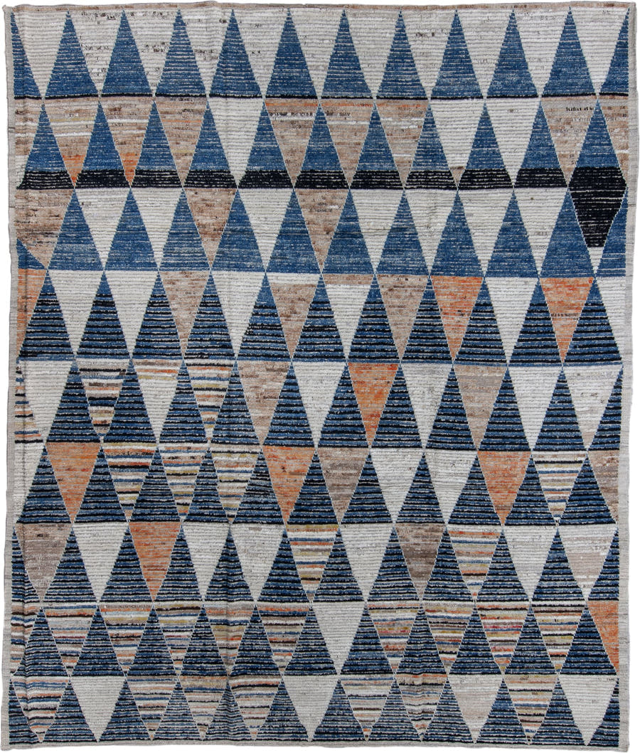 9' x 11' one-of-a-kind handmade vintage Tulu large size rug. Color palette: ivory, indigo, taupe, terra cotta, charcoal