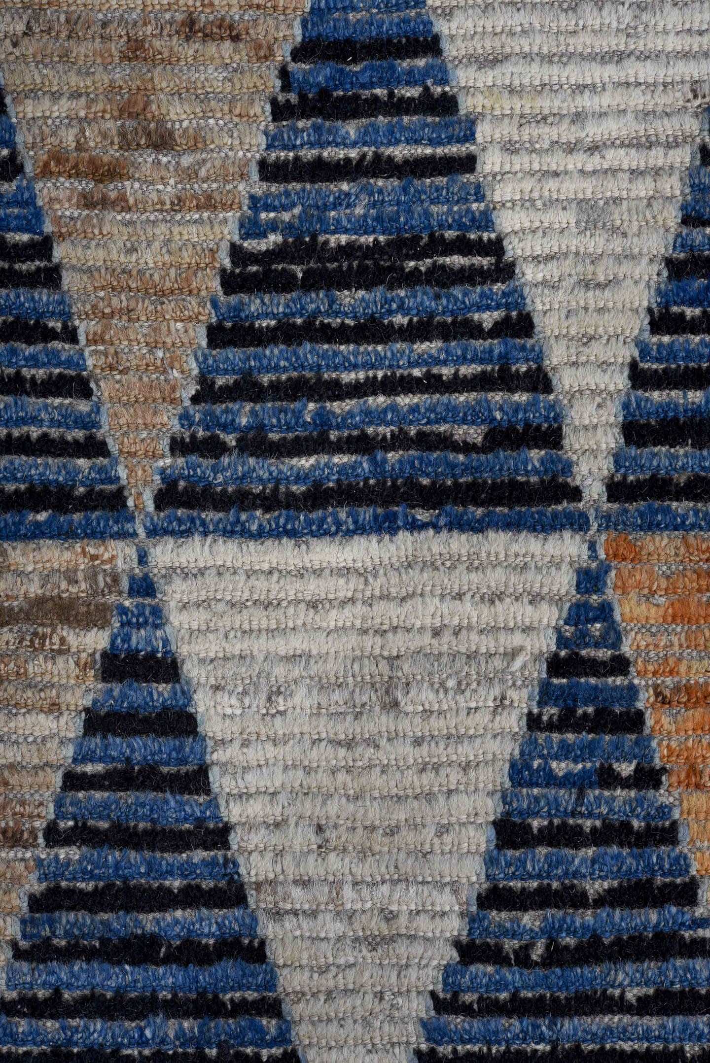 9' x 11' one-of-a-kind handmade vintage Tulu large size rug. Color palette: ivory, indigo, taupe, terra cotta, charcoal