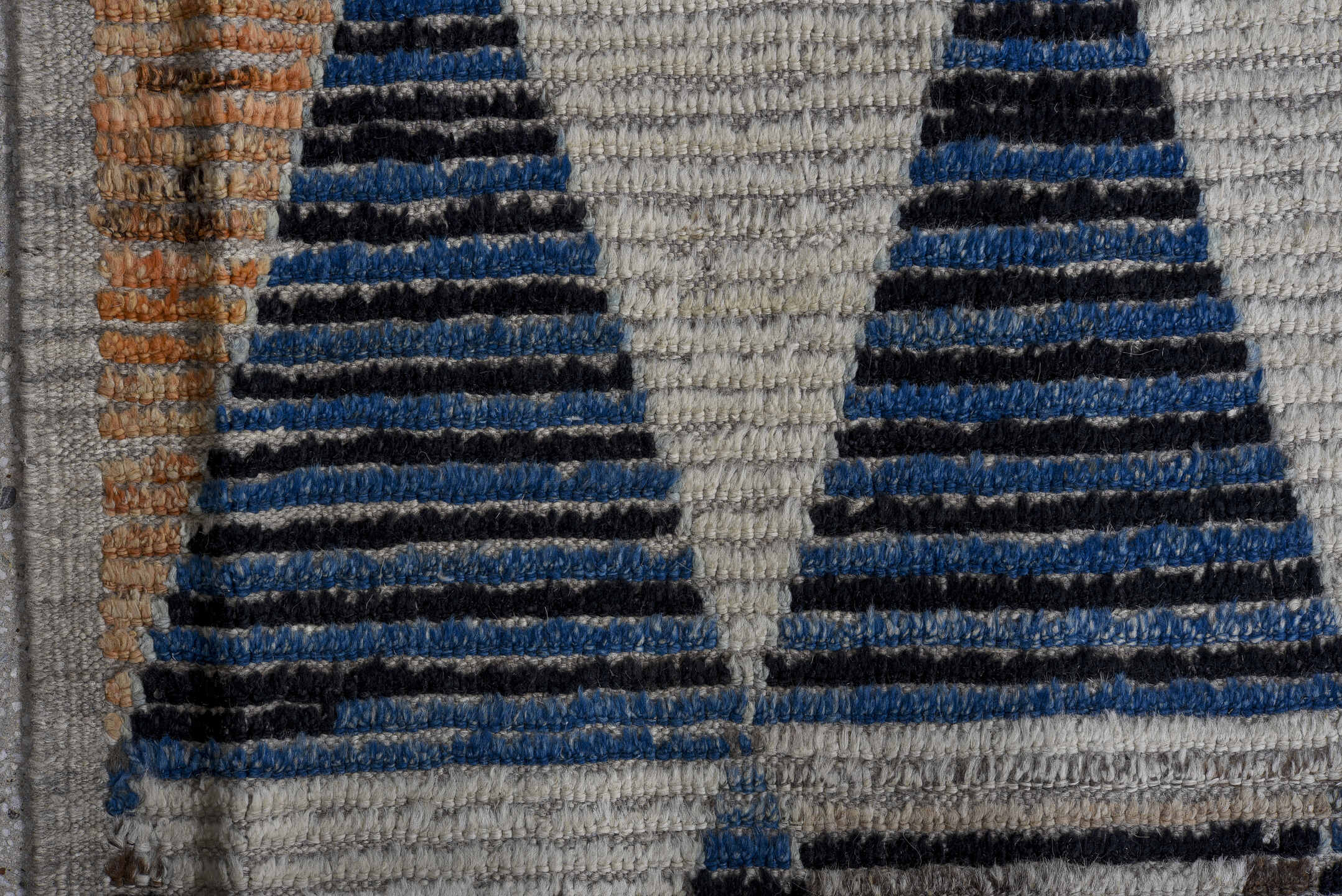 9' x 11' one-of-a-kind handmade vintage Tulu large size rug. Color palette: ivory, indigo, taupe, terra cotta, charcoal