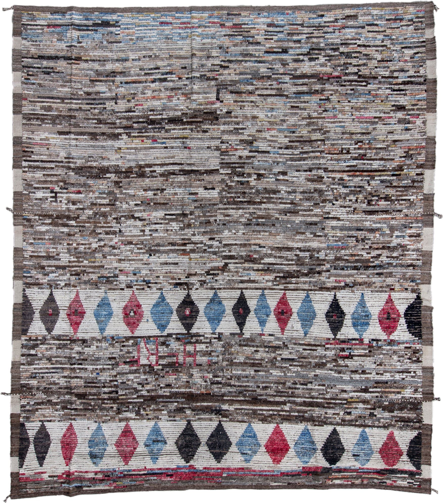 11' x 13' one-of-a-kind handmade vintage Tulu oversize rug. Color palette: brown, ivory, charcoal, sky blue, crimson, gray