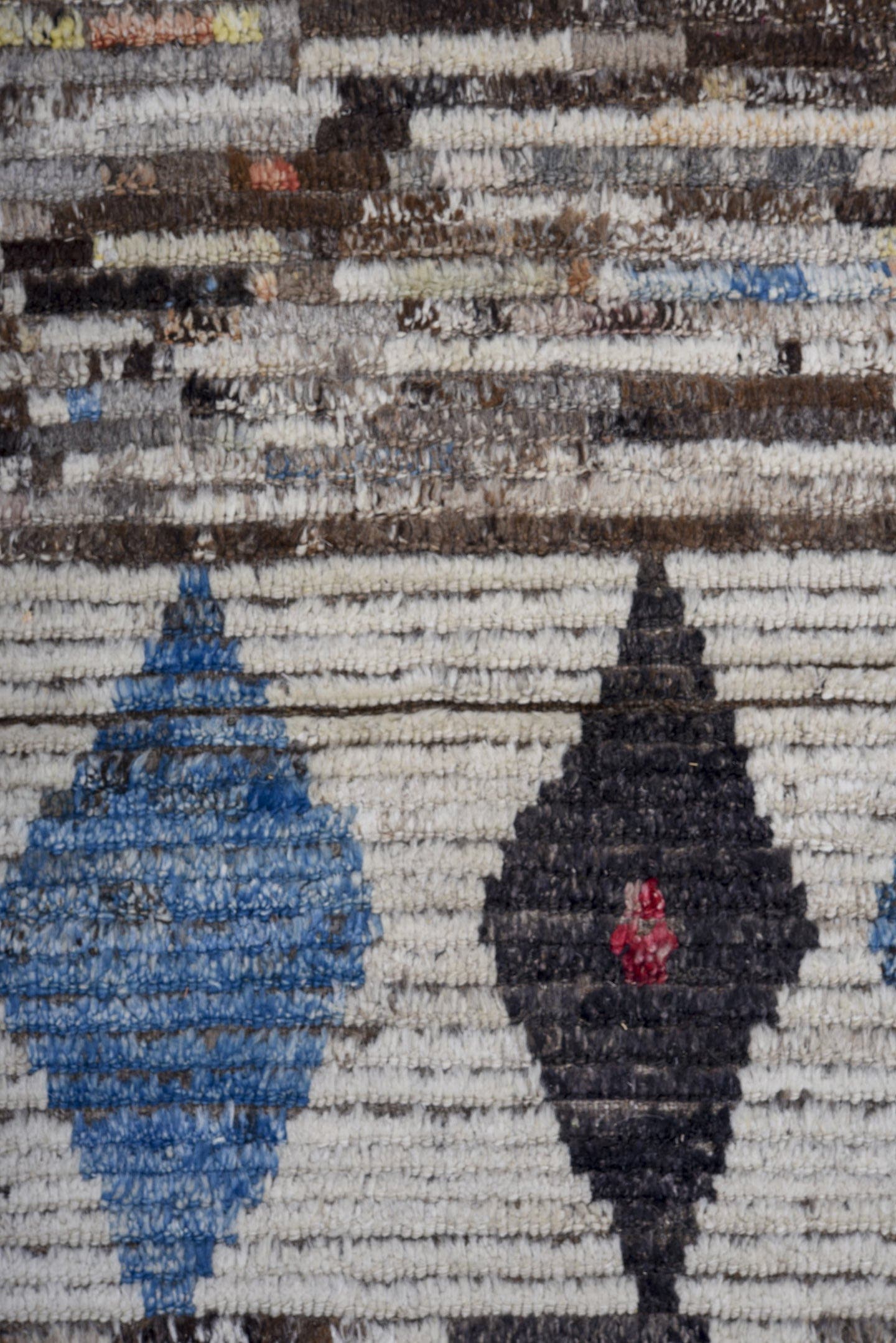 11' x 13' one-of-a-kind handmade vintage Tulu oversize rug. Color palette: brown, ivory, charcoal, sky blue, crimson, gray