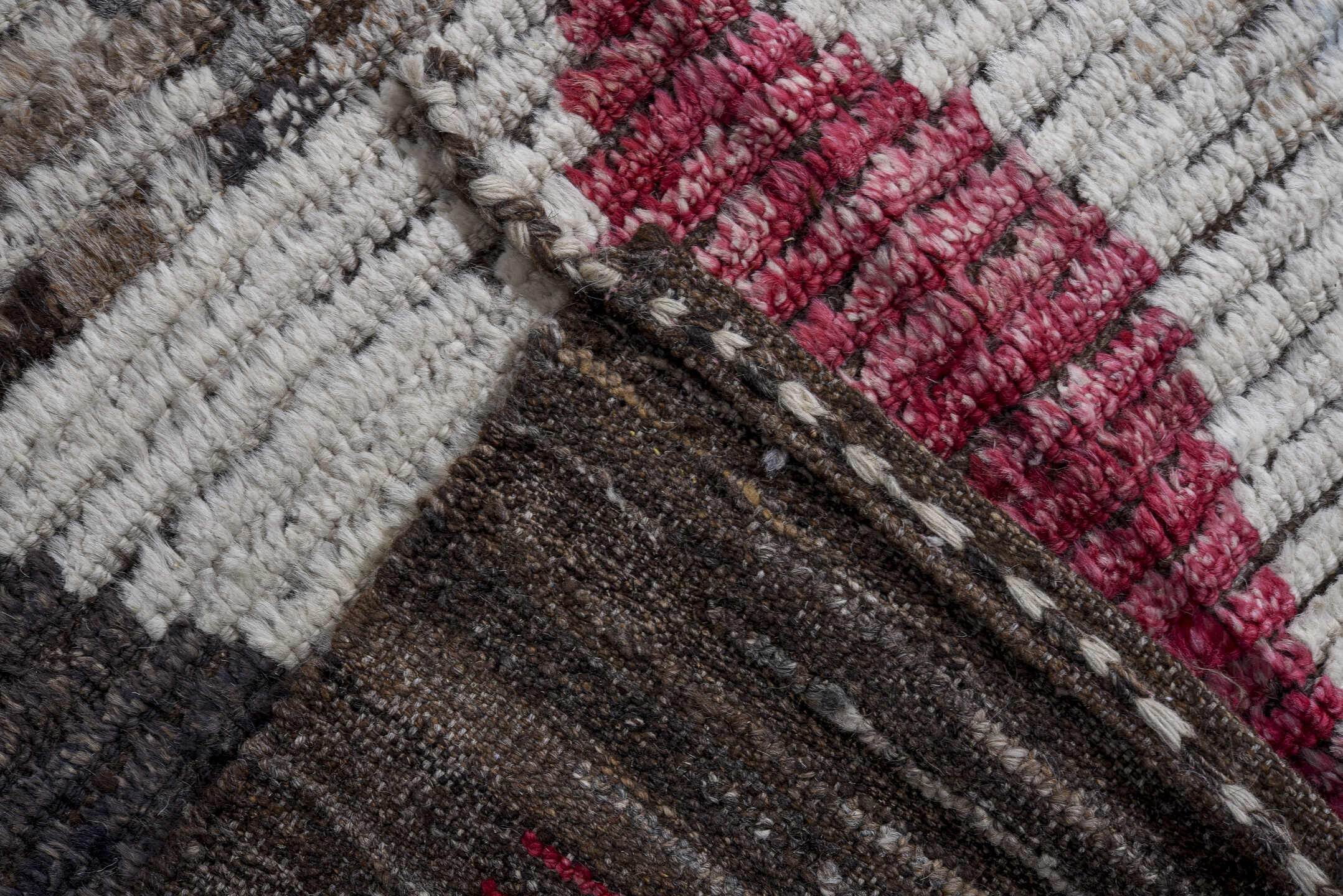 11' x 13' one-of-a-kind handmade vintage Tulu oversize rug. Color palette: brown, ivory, charcoal, sky blue, crimson, gray