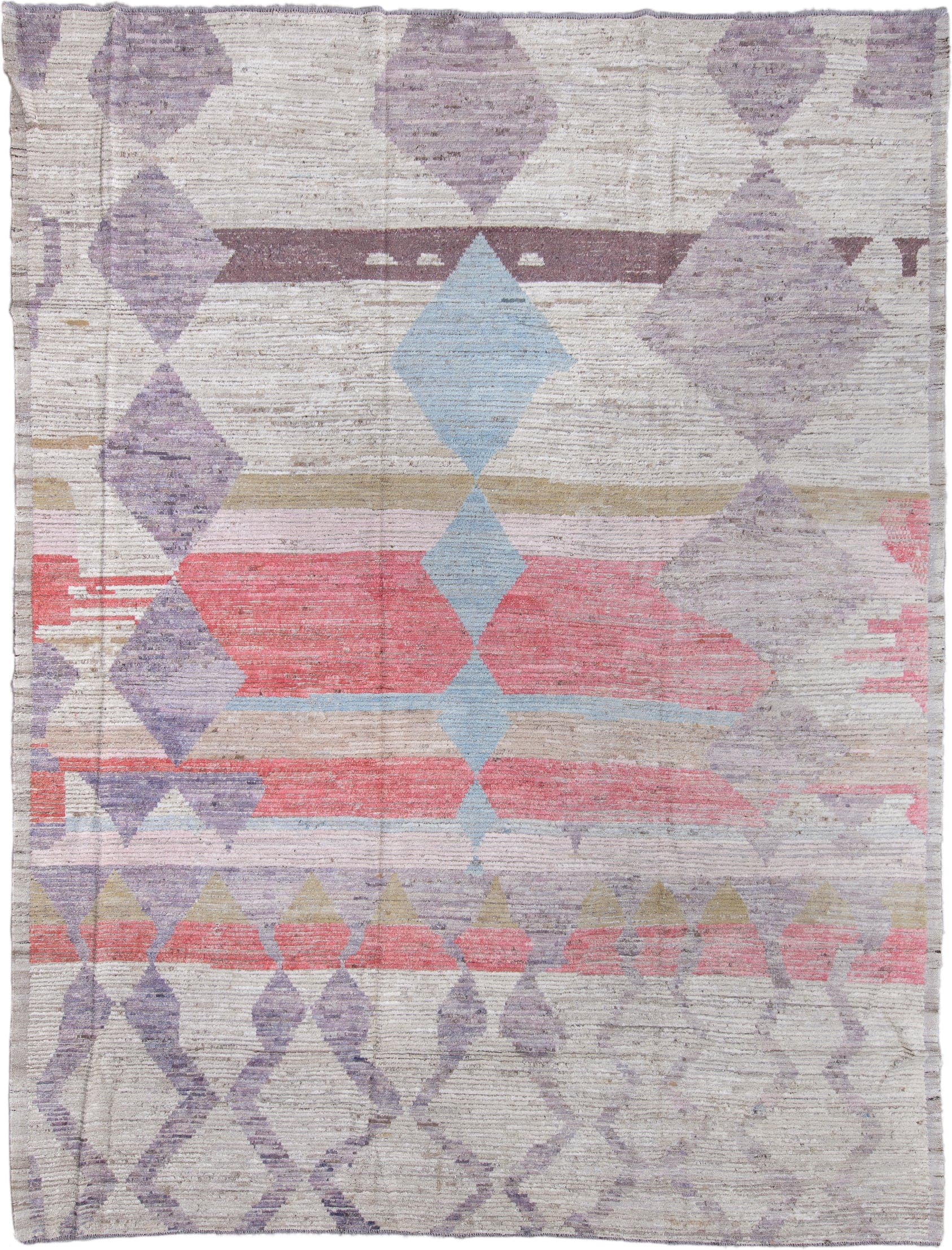 10' x 13' one-of-a-kind handmade vintage Tulu large size rug. Color palette: ivory, lavender, rose, sky_blue, taupe, sage
