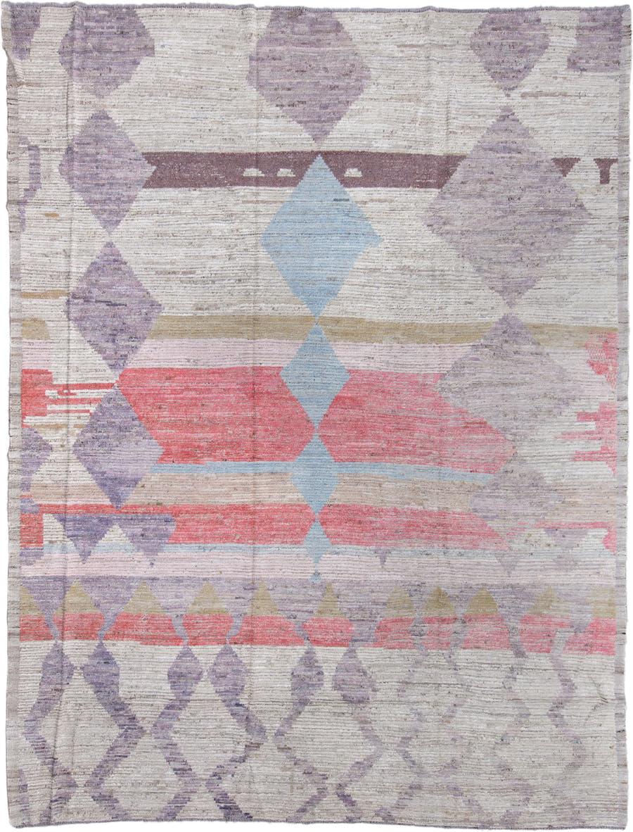 10' x 13' one-of-a-kind handmade vintage Tulu large size rug. Color palette: ivory, lavender, rose, sky_blue, taupe, sage