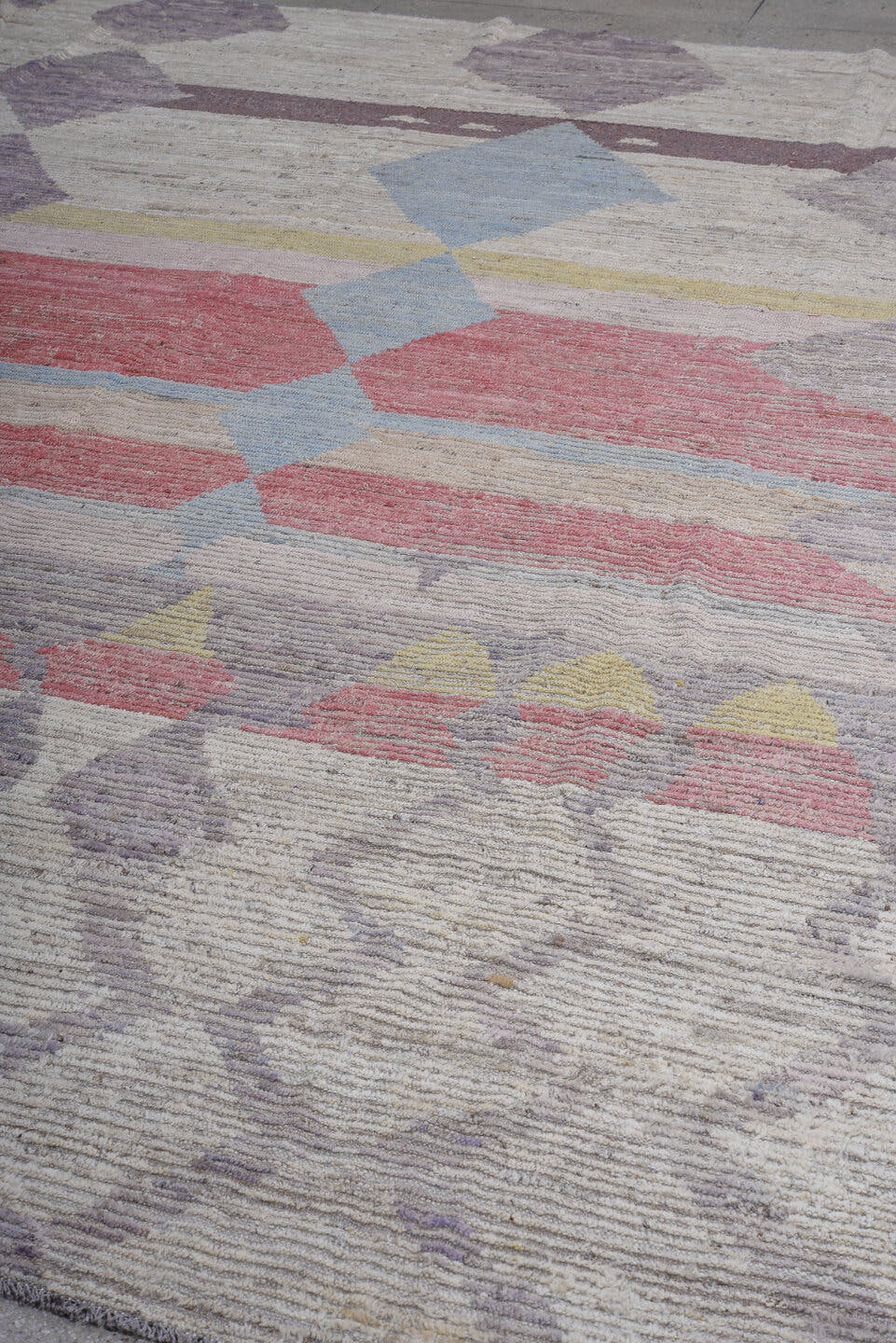10' x 13' one-of-a-kind handmade vintage Tulu large size rug. Color palette: ivory, lavender, rose, sky_blue, taupe, sage