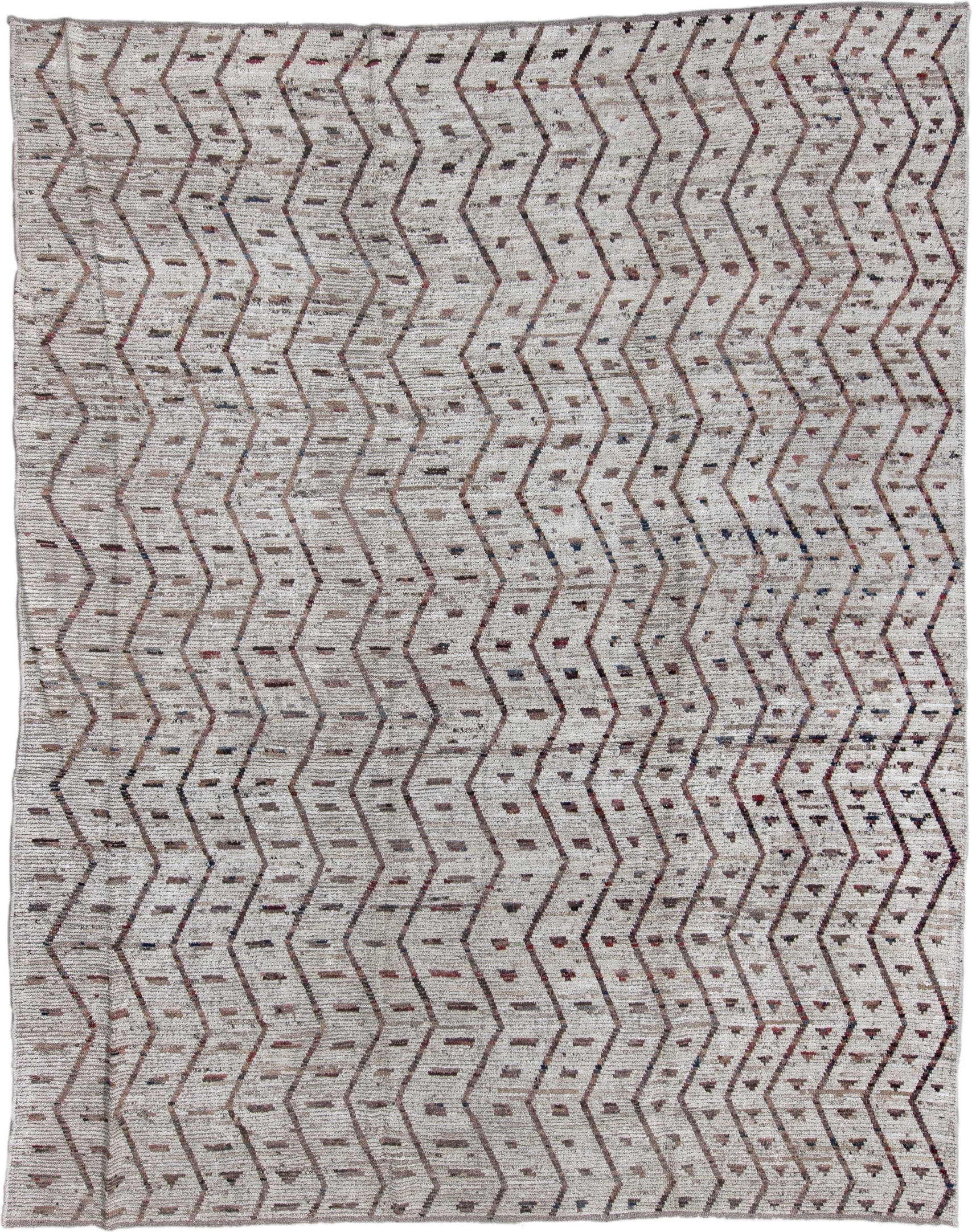 10' x 13' one-of-a-kind handmade vintage Tulu oversize rug. Color palette: ivory, taupe, brown, charcoal, rose, slate, beige