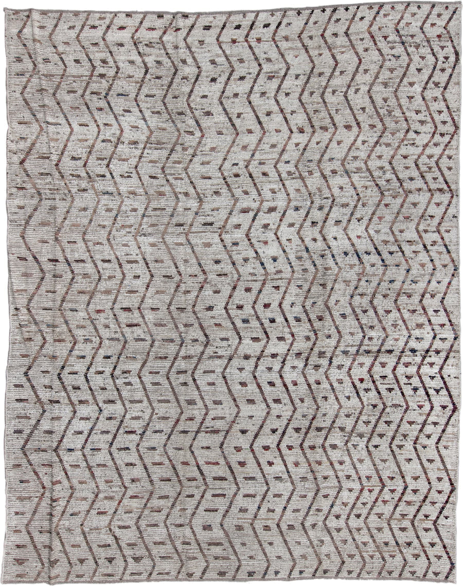 10' x 13' one-of-a-kind handmade vintage Tulu oversize rug. Color palette: ivory, taupe, brown, charcoal, rose, slate, beige
