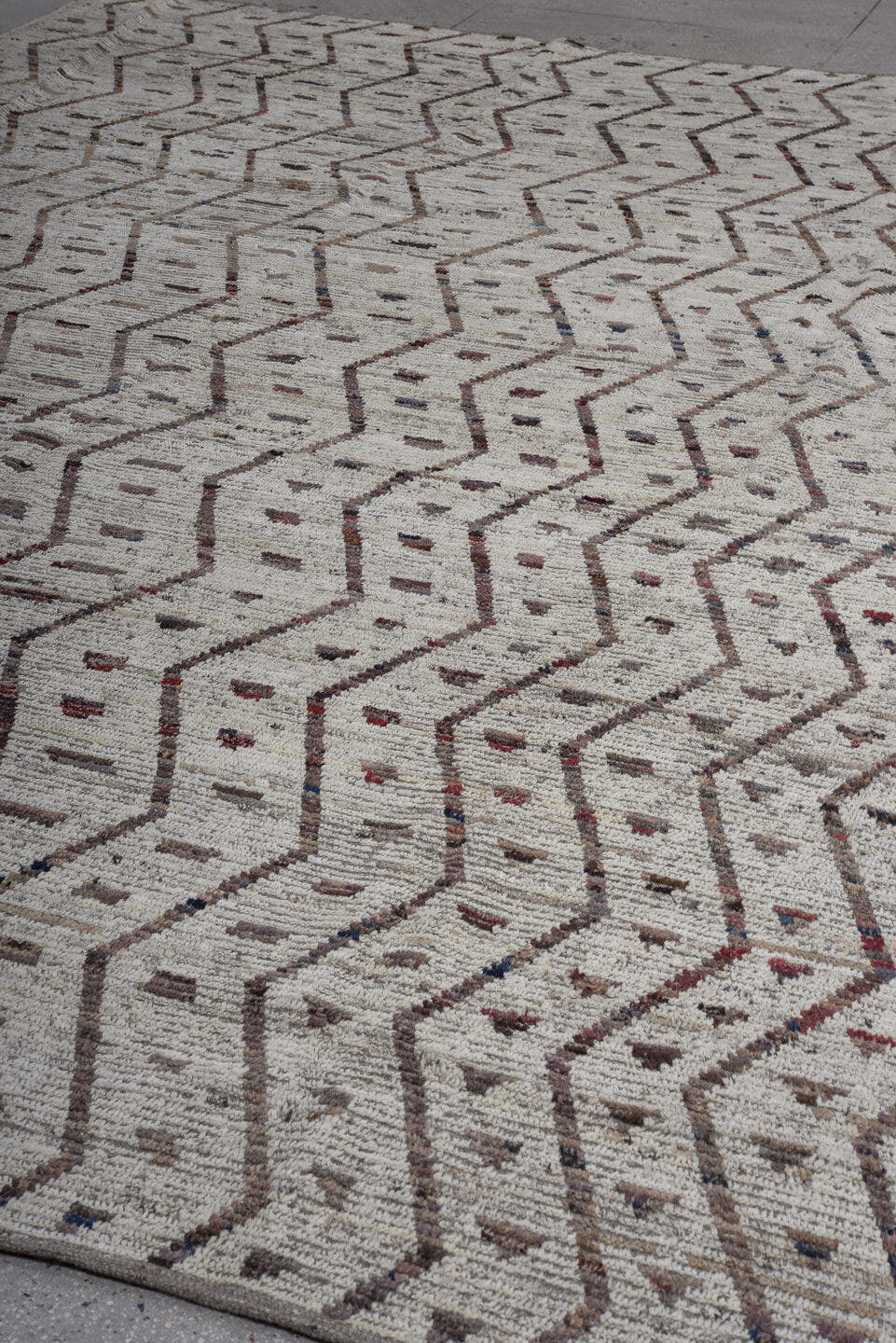 10' x 13' one-of-a-kind handmade vintage Tulu oversize rug. Color palette: ivory, taupe, brown, charcoal, rose, slate, beige