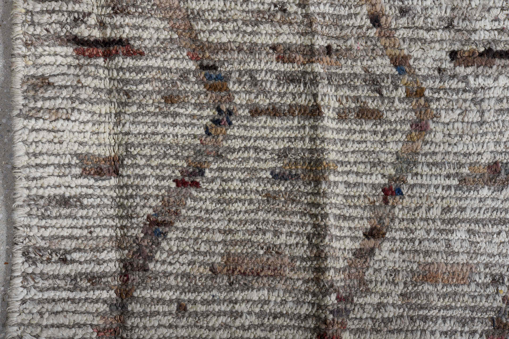 10' x 13' one-of-a-kind handmade vintage Tulu oversize rug. Color palette: ivory, taupe, brown, charcoal, rose, slate, beige