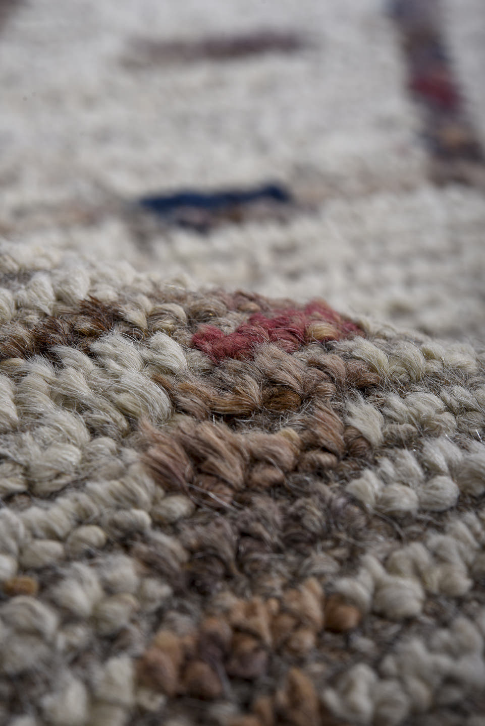 10' x 13' one-of-a-kind handmade vintage Tulu oversize rug. Color palette: ivory, taupe, brown, charcoal, rose, slate, beige