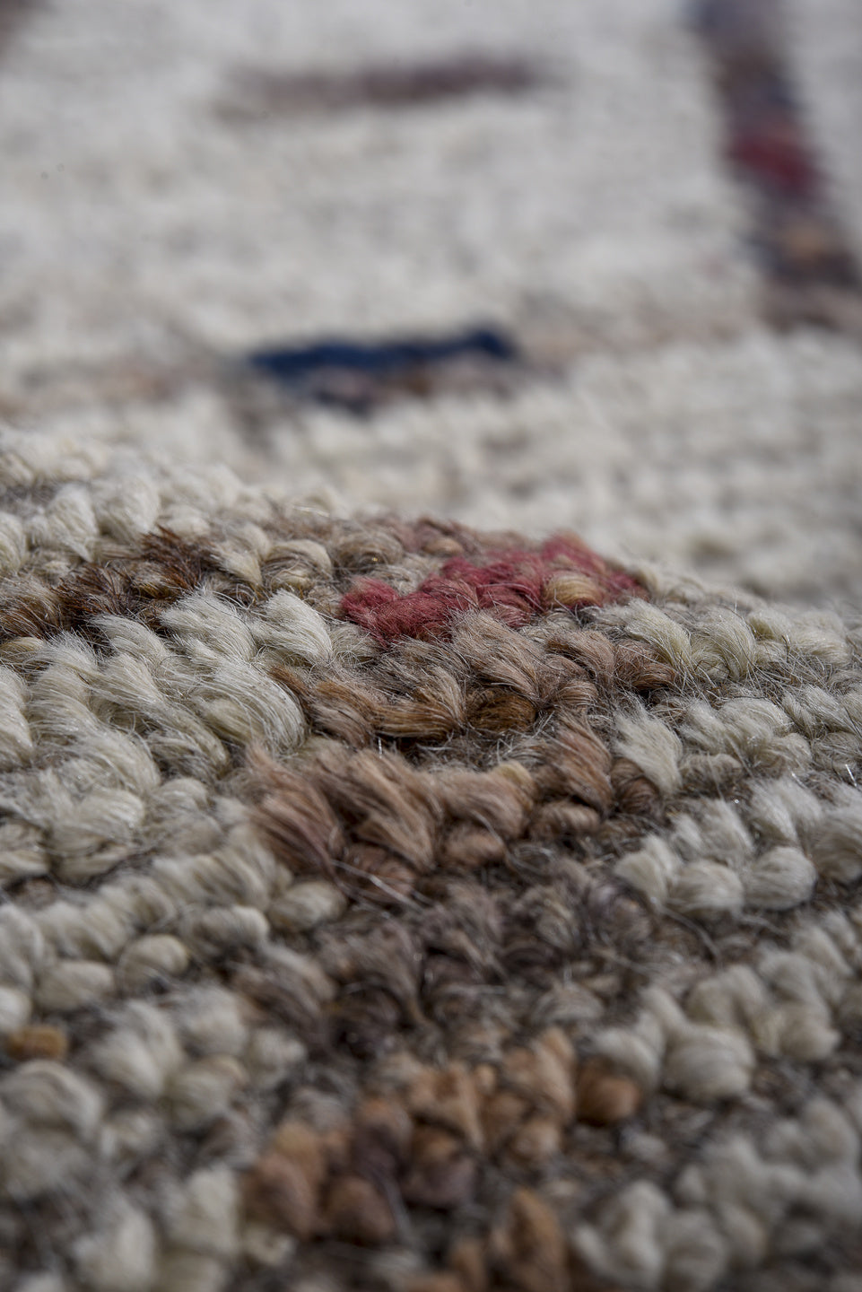 10' x 13' one-of-a-kind handmade vintage Tulu oversize rug. Color palette: ivory, taupe, brown, charcoal, rose, slate, beige