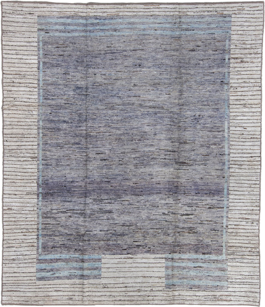 8' x 9' one-of-a-kind handmade vintage Tulu large size rug. Color palette: slate, ivory, gray, charcoal, pale blue, black