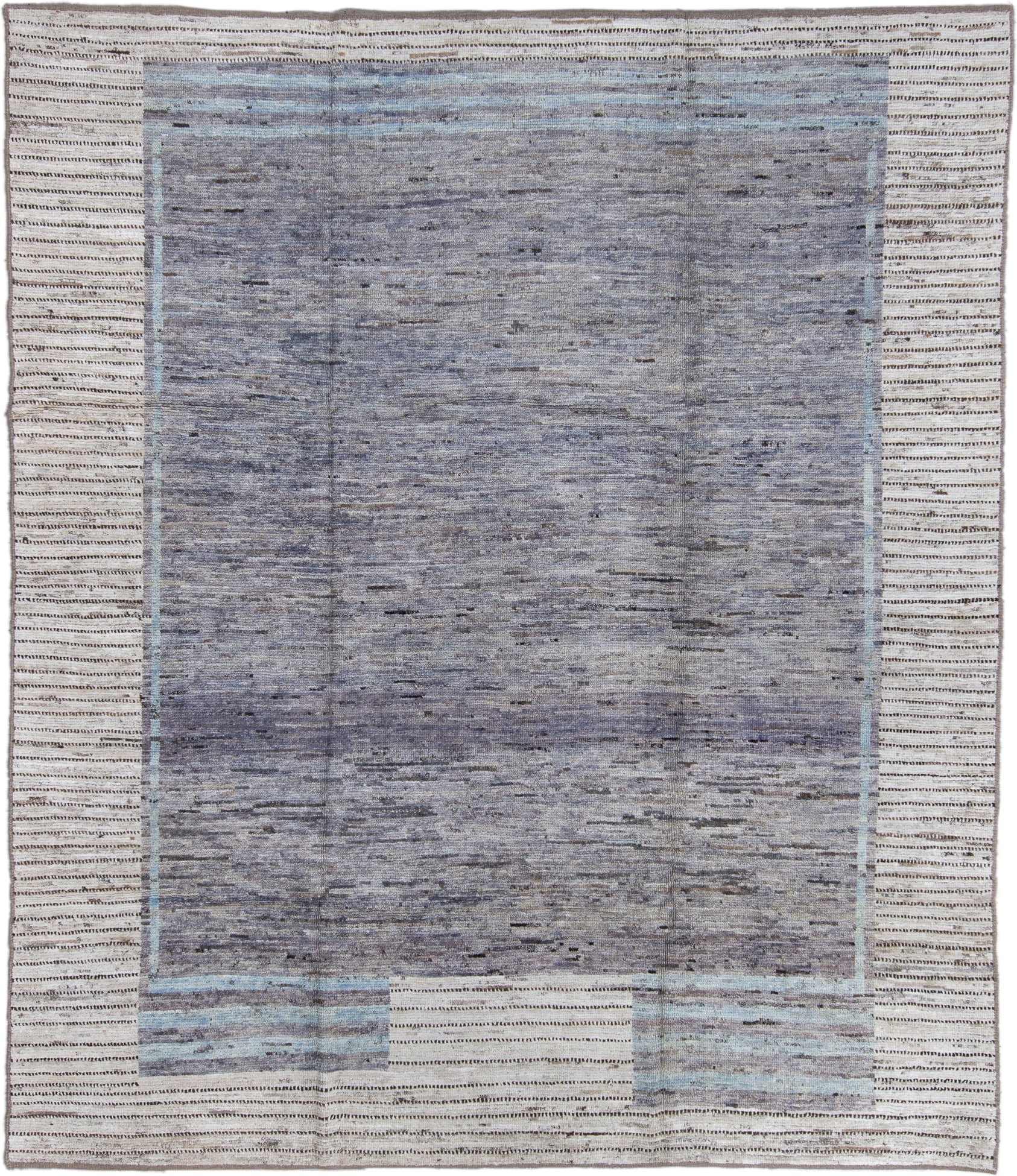 8' x 9' one-of-a-kind handmade vintage Tulu large size rug. Color palette: slate, ivory, gray, charcoal, pale blue, black