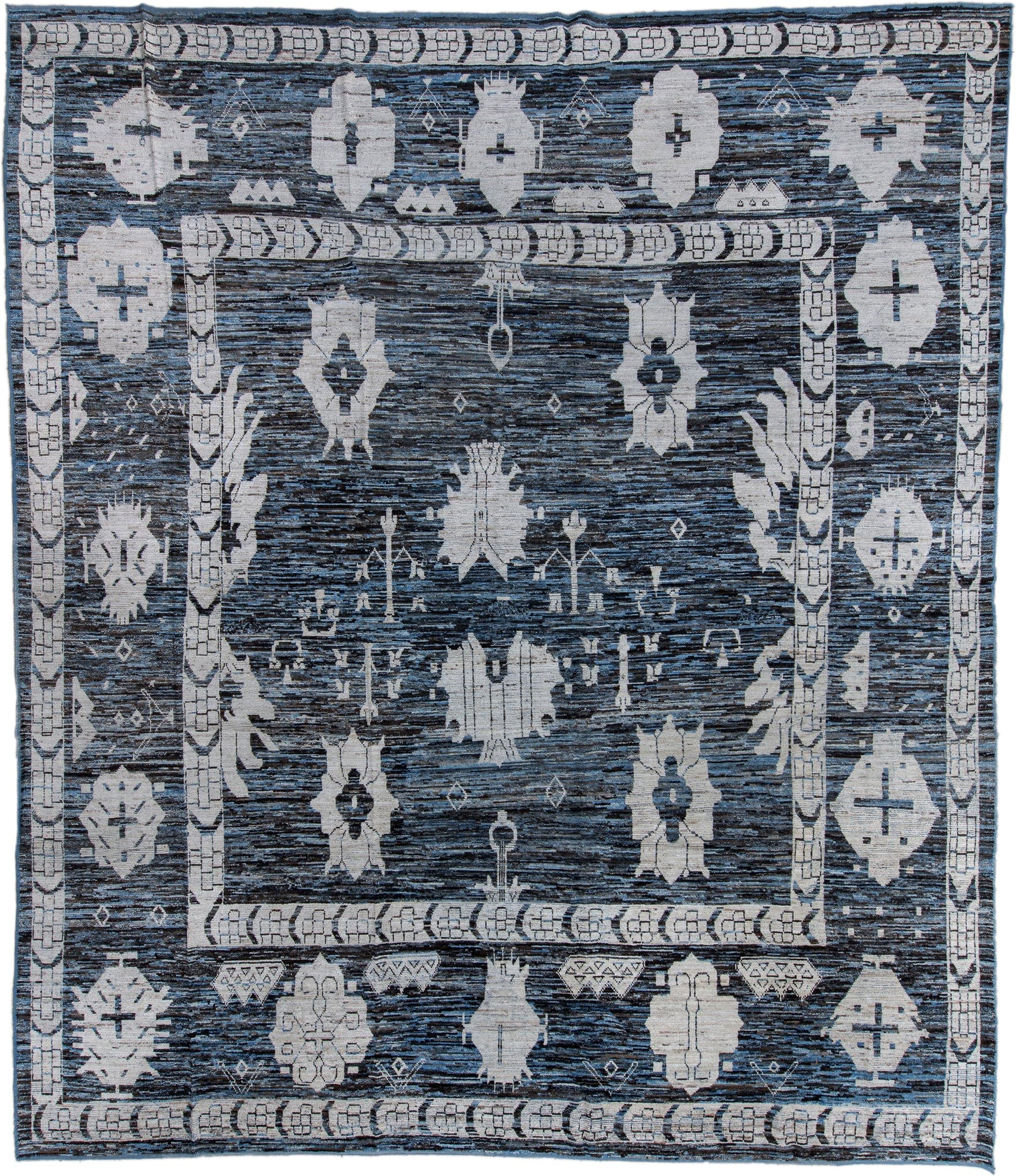 13' x 16' one-of-a-kind handmade vintage Tulu oversize rug. Color palette: charcoal, ivory, slate, steel blue, gray, black
