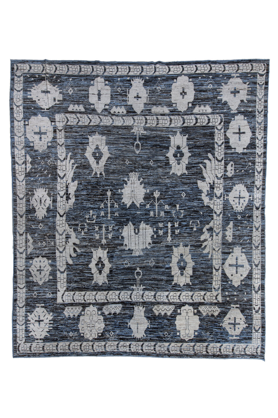 13' x 16' one-of-a-kind handmade vintage Tulu oversize rug. Color palette: black, blue, brown, charcoal, dim gray, gray