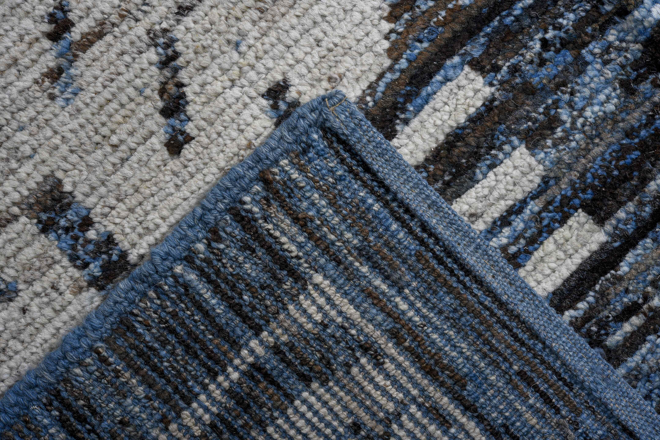 13' x 16' one-of-a-kind handmade vintage Tulu oversize rug. Color palette: black, blue, brown, charcoal, dim gray, gray