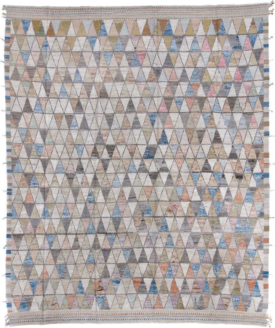 13' x 16' one-of-a-kind handmade vintage Tulu oversize rug. Color palette: ivory, gray, sky_blue, sand, taupe, blush, sage