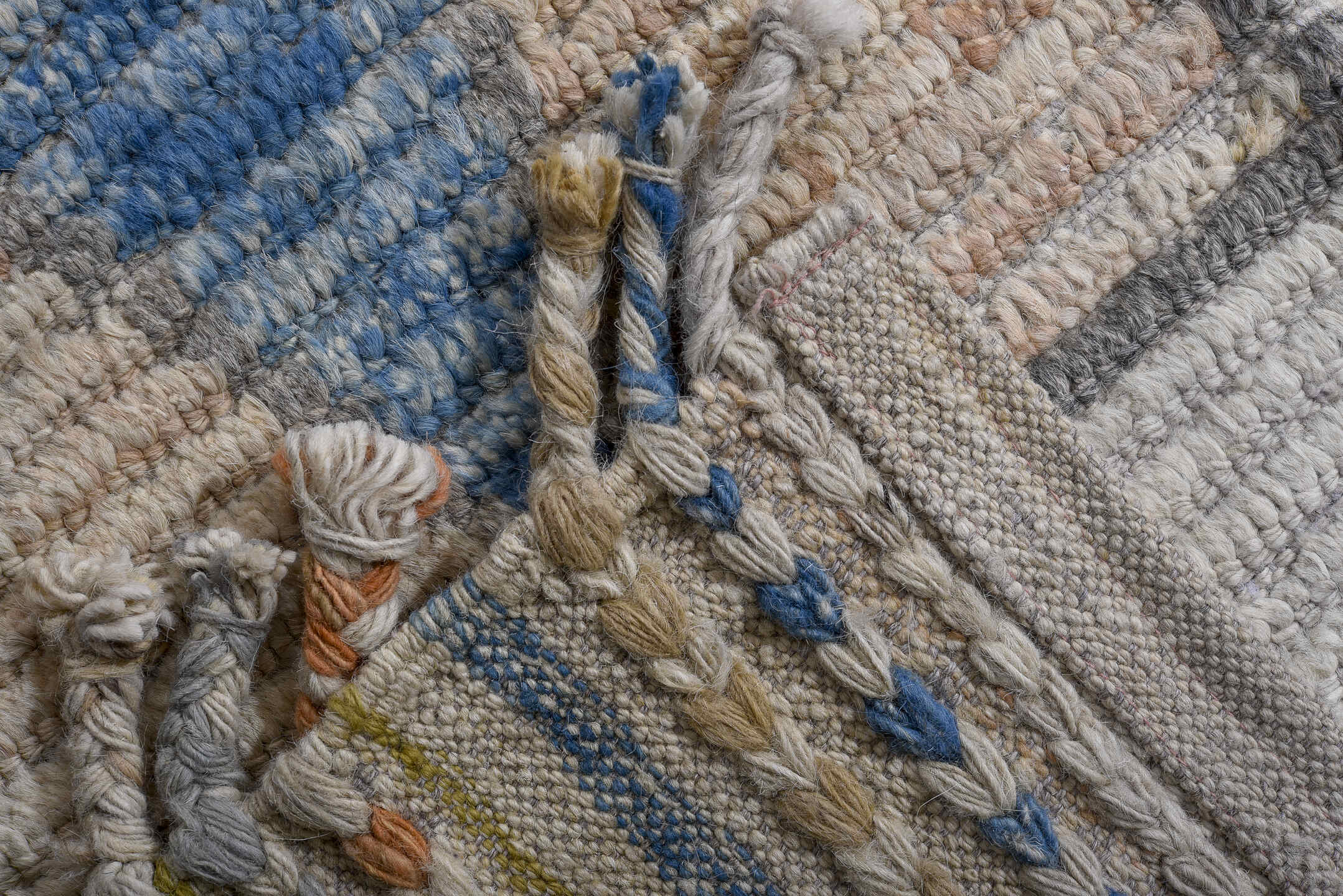 13' x 16' one-of-a-kind handmade vintage Tulu oversize rug. Color palette: ivory, gray, sky_blue, sand, taupe, blush, sage