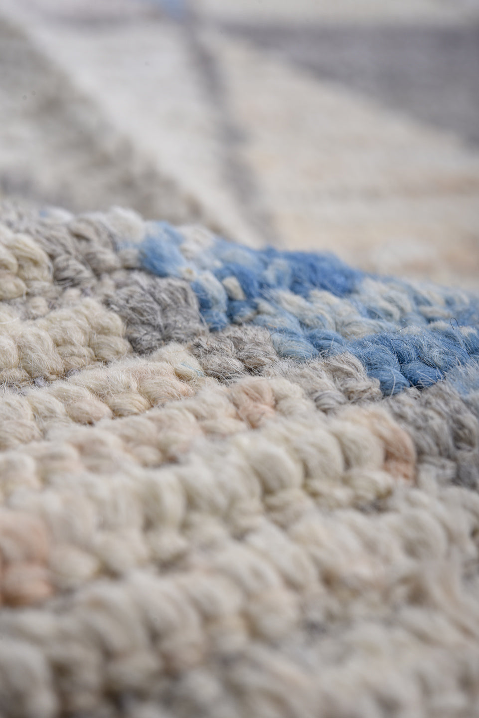 13' x 16' one-of-a-kind handmade vintage Tulu oversize rug. Color palette: ivory, gray, sky_blue, sand, taupe, blush, sage
