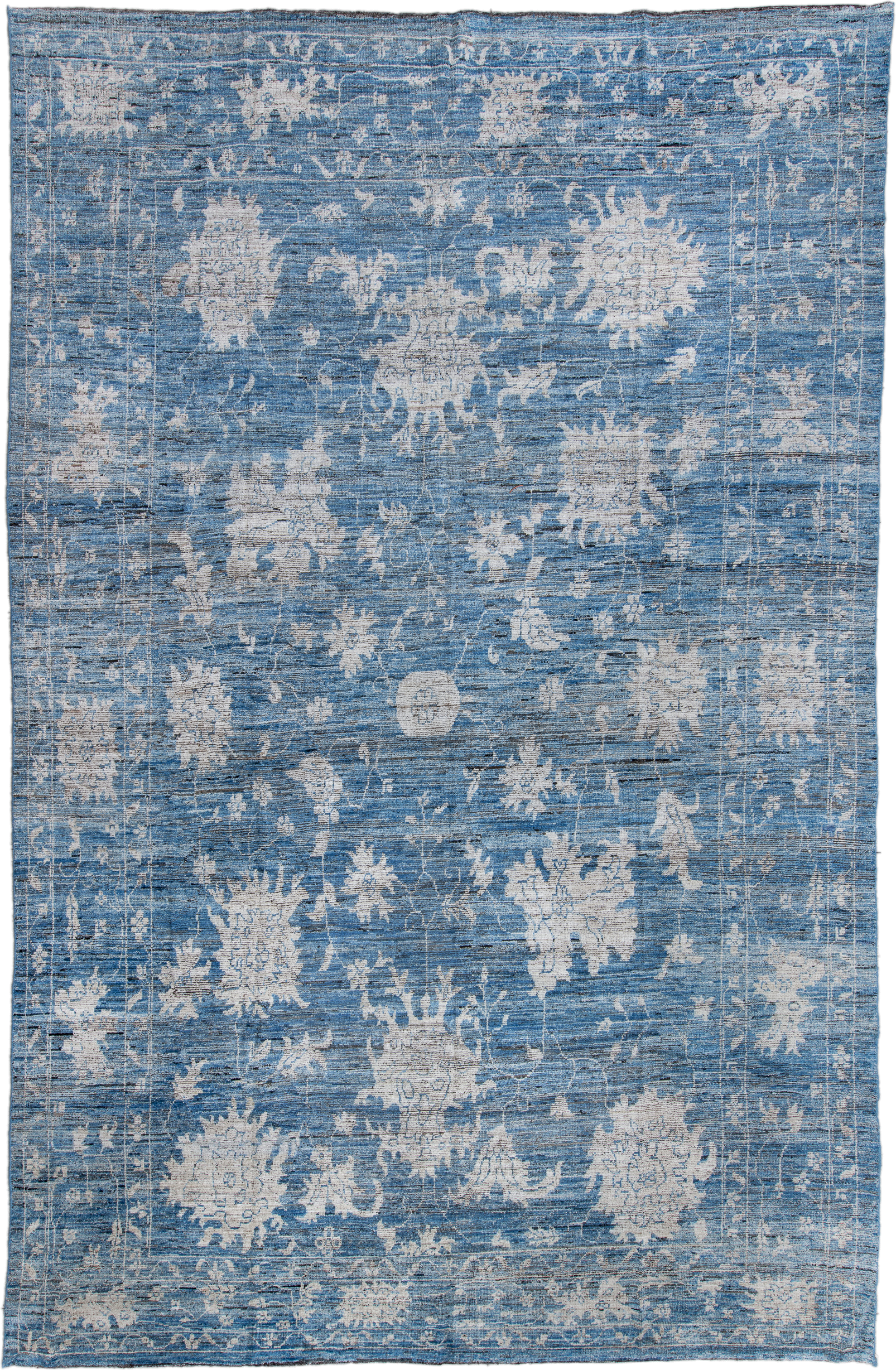 11' x 18' one-of-a-kind handmade vintage Oushak oversize rug. Color palette: sky blue, ivory, slate, denim, cream