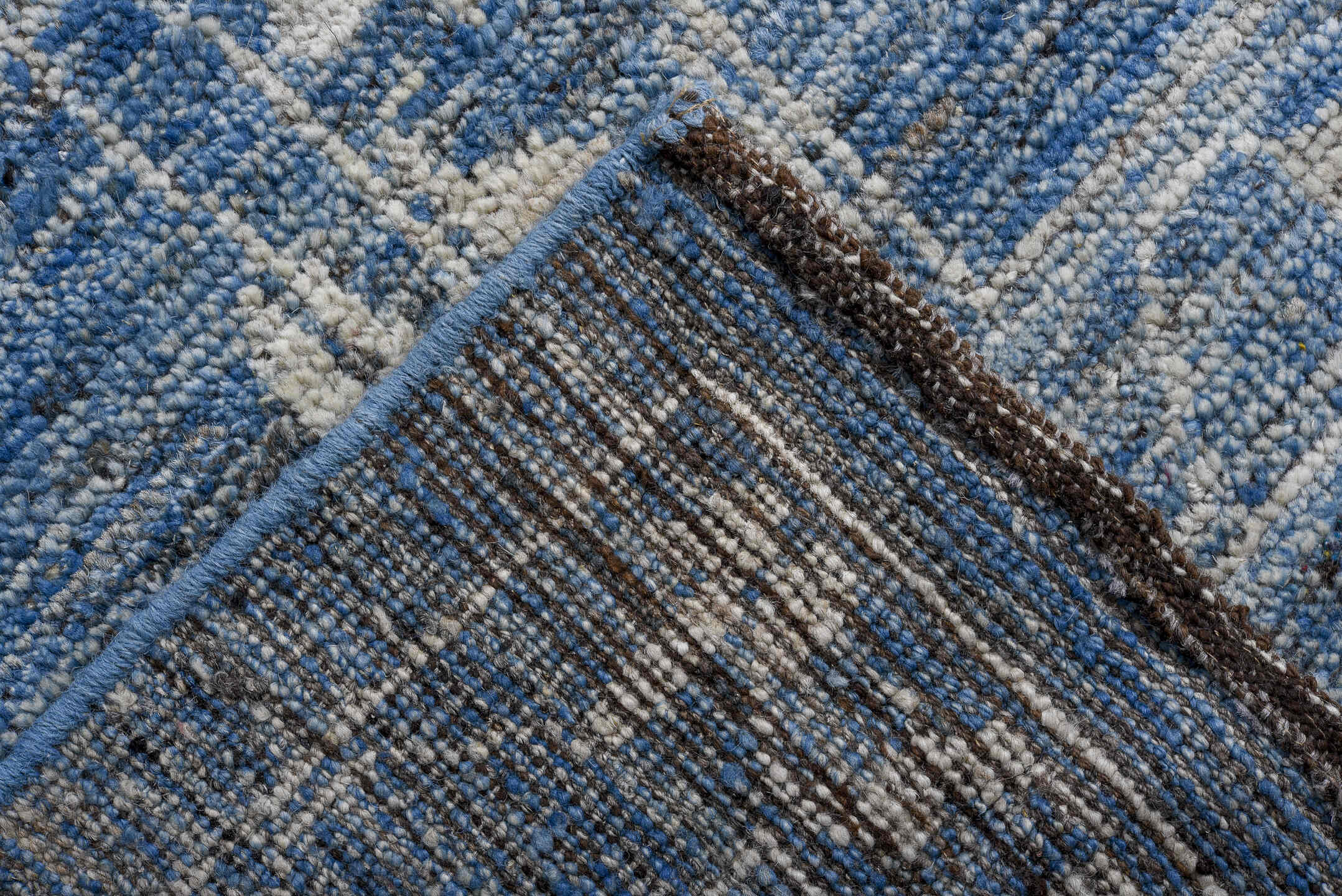 11' x 18' one-of-a-kind handmade vintage Oushak oversize rug. Color palette: sky blue, ivory, slate, denim, cream