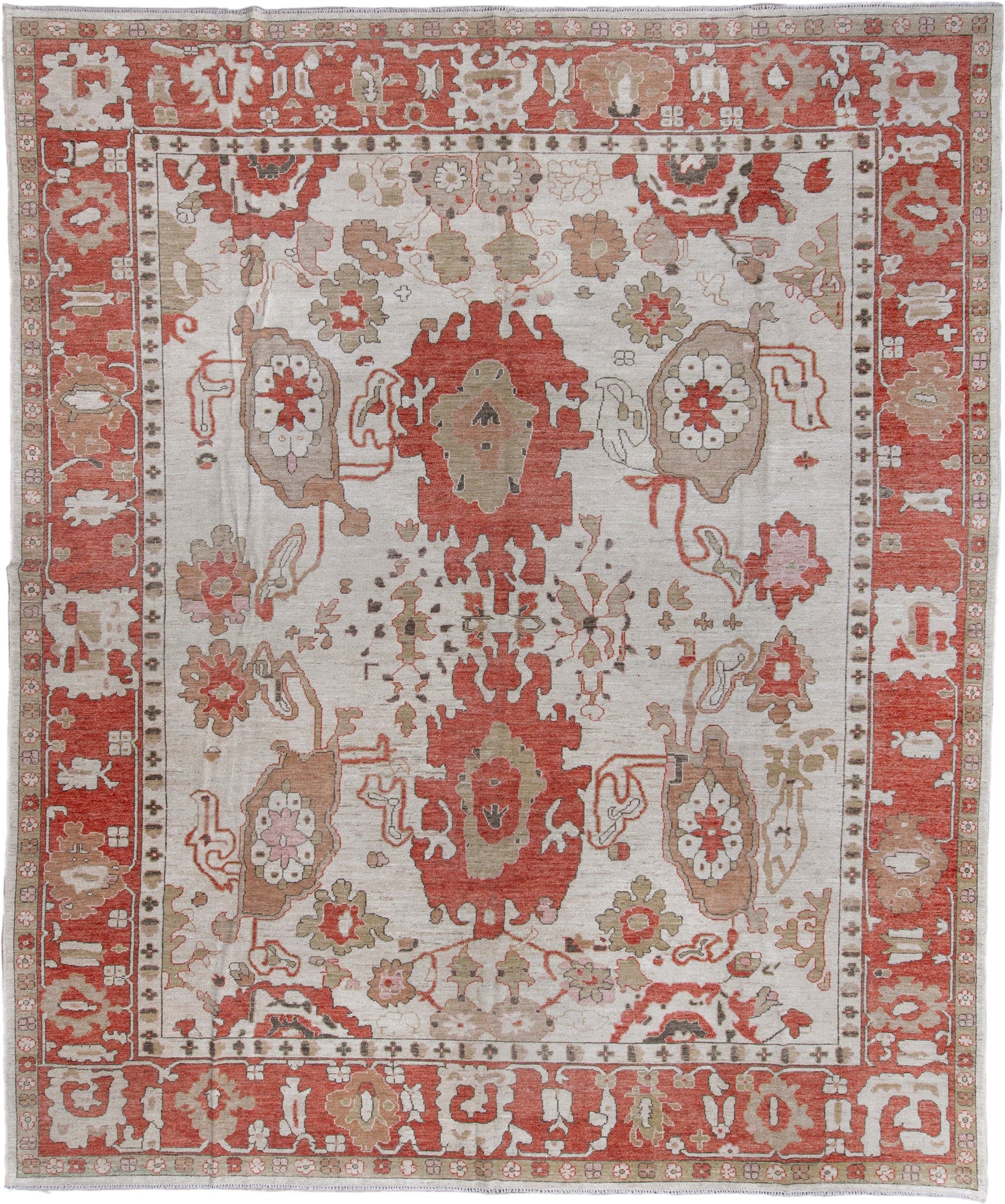 12' x 15' one-of-a-kind handmade vintage Oushak oversize rug. Color palette: ivory, rust, taupe, sage, blush, camel