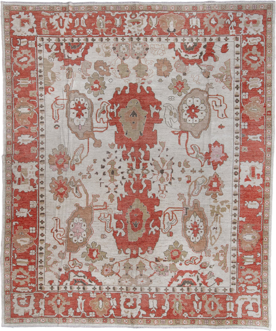 12' x 15' one-of-a-kind handmade vintage Oushak oversize rug. Color palette: ivory, rust, taupe, sage, blush, camel