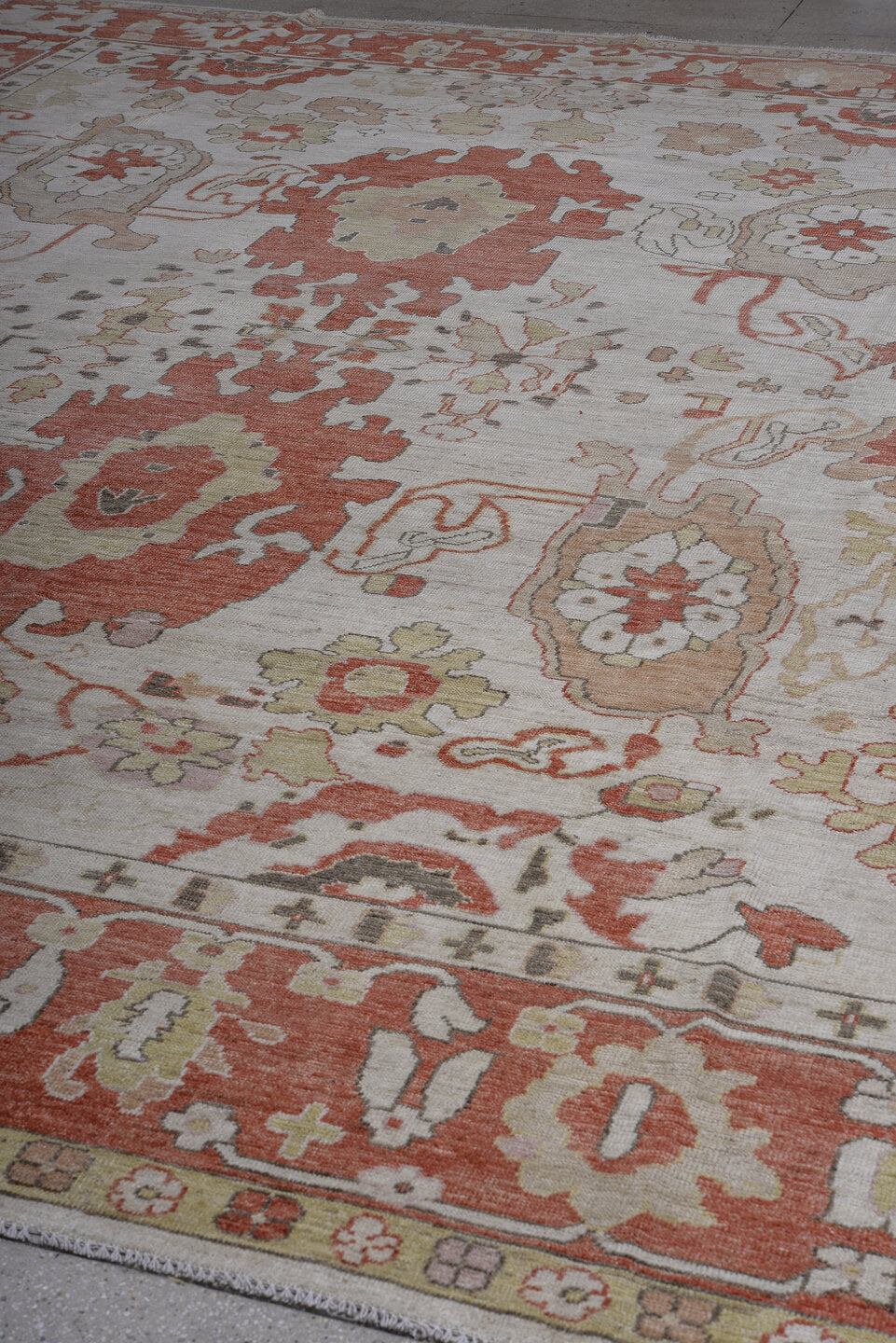 12' x 15' one-of-a-kind handmade vintage Oushak oversize rug. Color palette: ivory, rust, taupe, sage, blush, camel