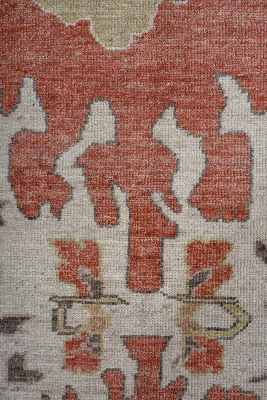 12' x 15' one-of-a-kind handmade vintage Oushak oversize rug. Color palette: ivory, rust, taupe, sage, blush, camel