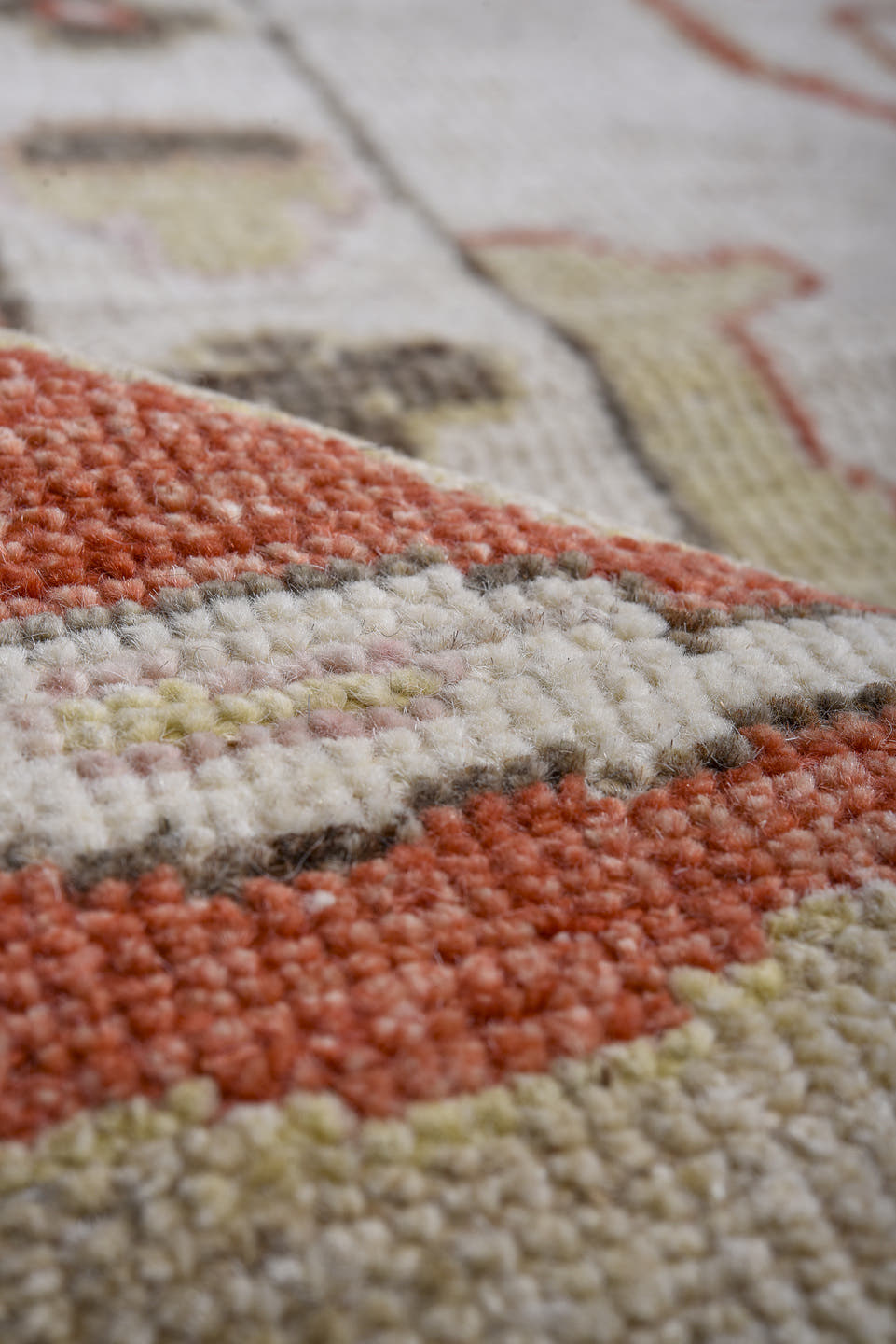 12' x 15' one-of-a-kind handmade vintage Oushak oversize rug. Color palette: ivory, rust, taupe, sage, blush, camel