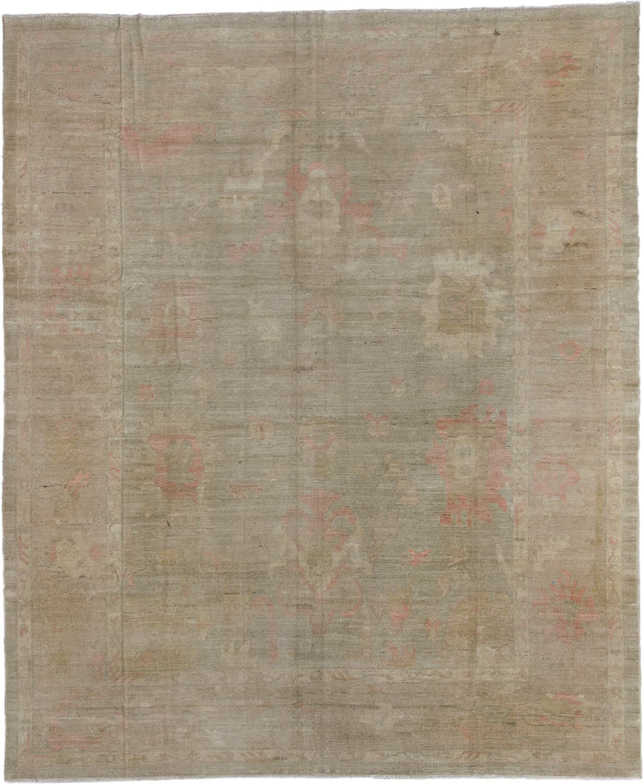 12' x 14' one-of-a-kind handmade vintage Oushak oversize rug. Color palette: taupe, beige, ivory, blush, sage, camel, gray