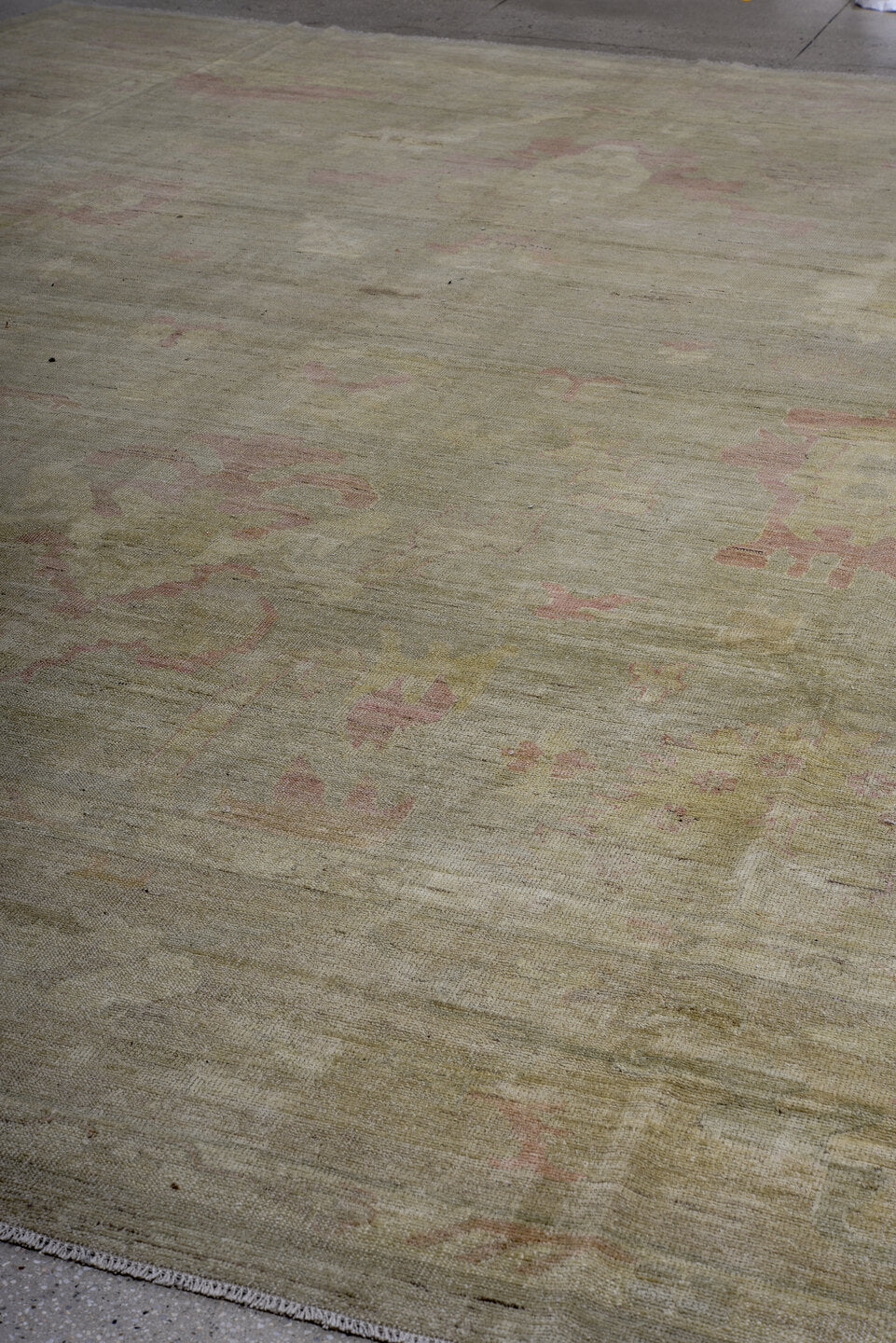 12' x 14' one-of-a-kind handmade vintage Oushak oversize rug. Color palette: taupe, beige, ivory, blush, sage, camel, gray