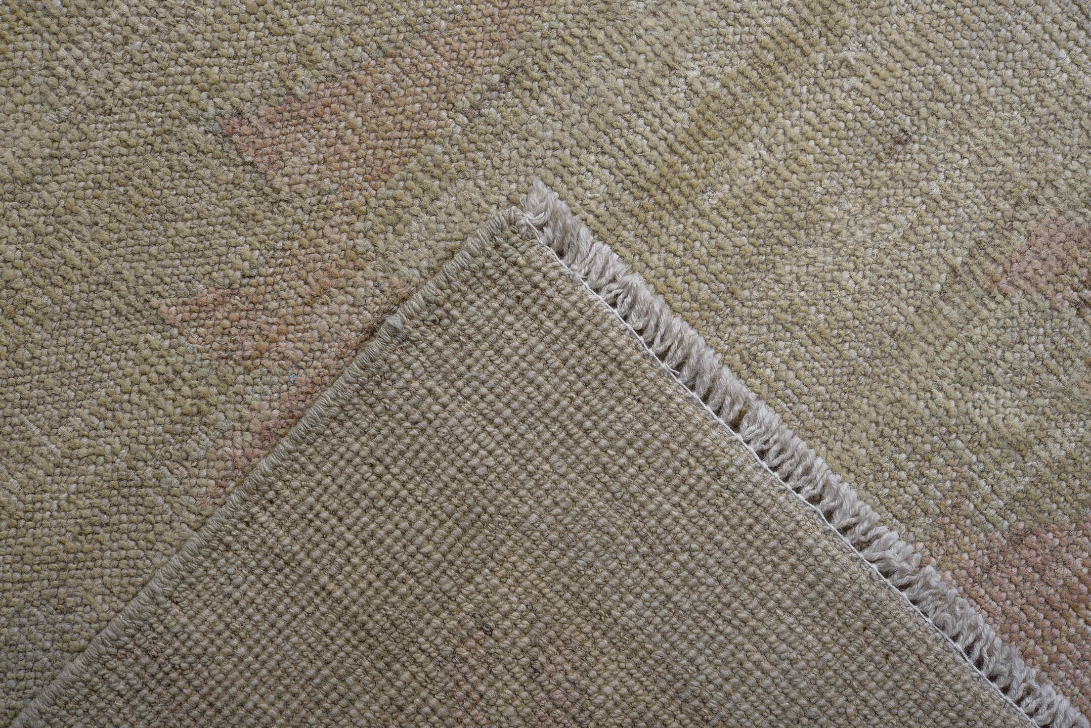 12' x 14' one-of-a-kind handmade vintage Oushak oversize rug. Color palette: taupe, beige, ivory, blush, sage, camel, gray