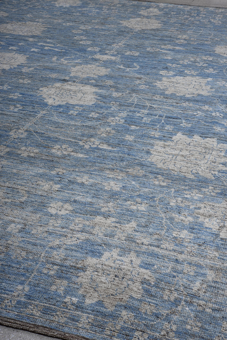 12' x 14' one-of-a-kind handmade vintage Oushak oversize rug. Color palette: blue, ivory, slate, taupe, gray, beige