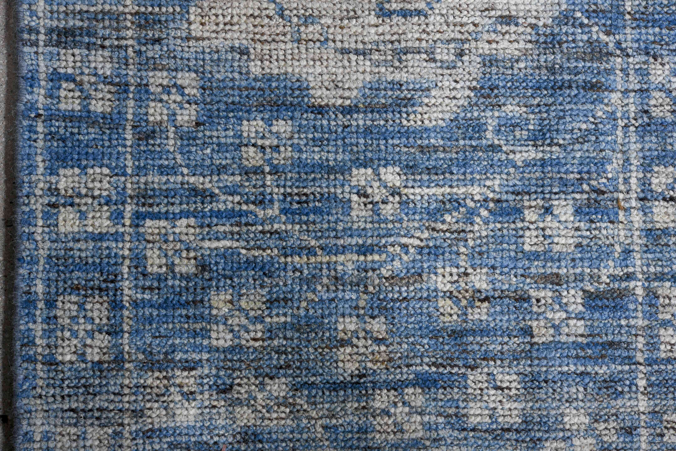 12' x 14' one-of-a-kind handmade vintage Oushak oversize rug. Color palette: blue, ivory, slate, taupe, gray, beige