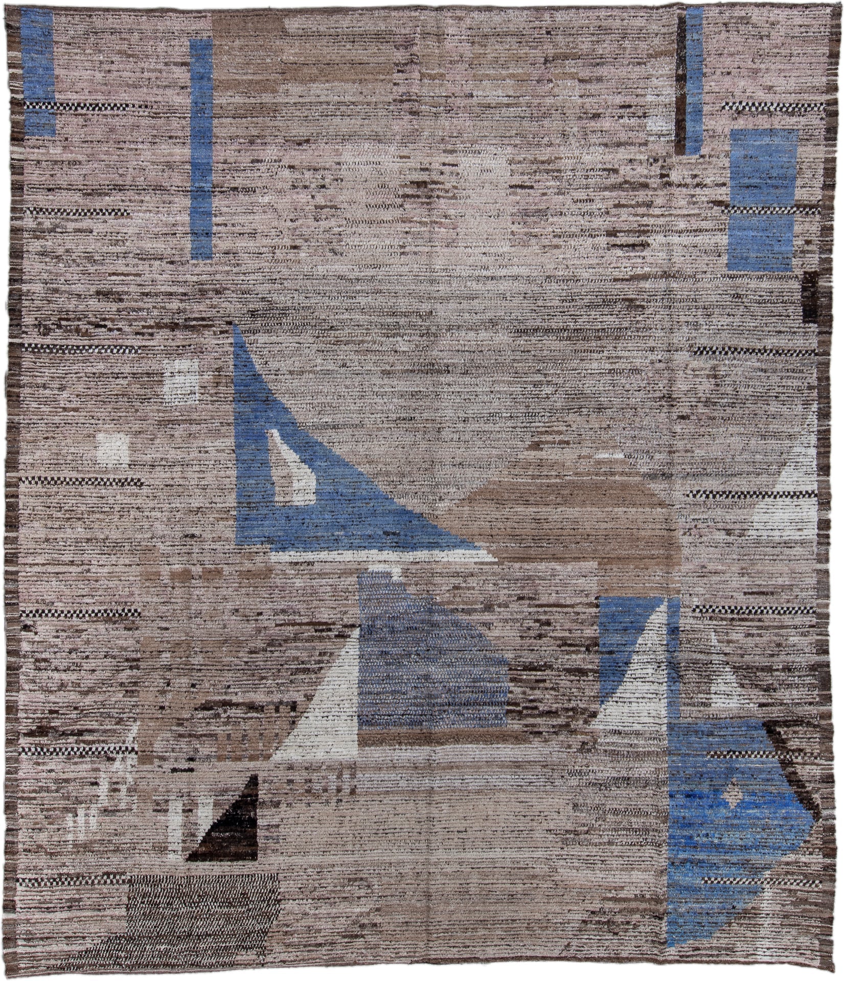 9' x 11' one-of-a-kind handmade vintage Tulu large size rug. Color palette: taupe, brown, ivory, blue, charcoal, beige, gray