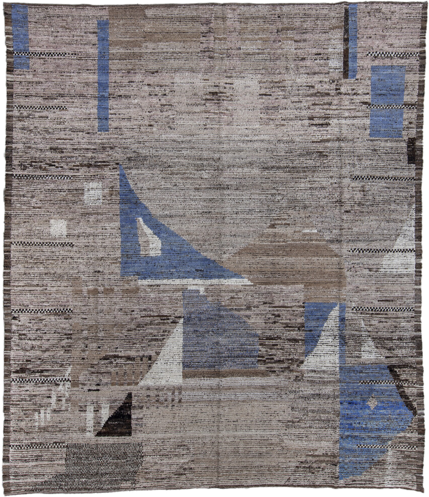 9' x 11' one-of-a-kind handmade vintage Tulu large size rug. Color palette: taupe, brown, ivory, blue, charcoal, beige, gray