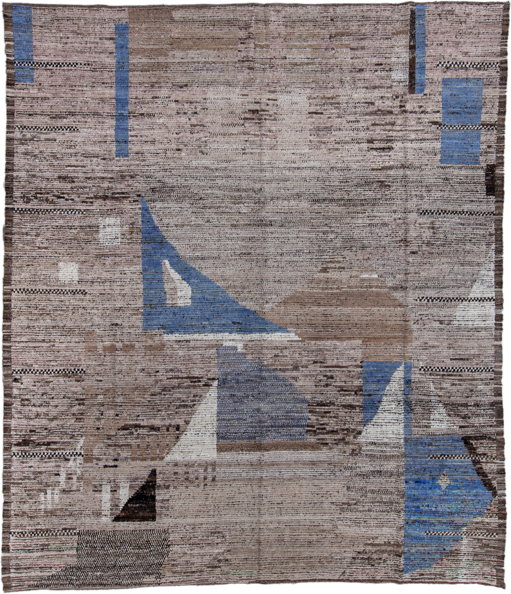 9' x 11' one-of-a-kind handmade vintage Tulu large size rug. Color palette: taupe, brown, ivory, blue, charcoal, beige, gray