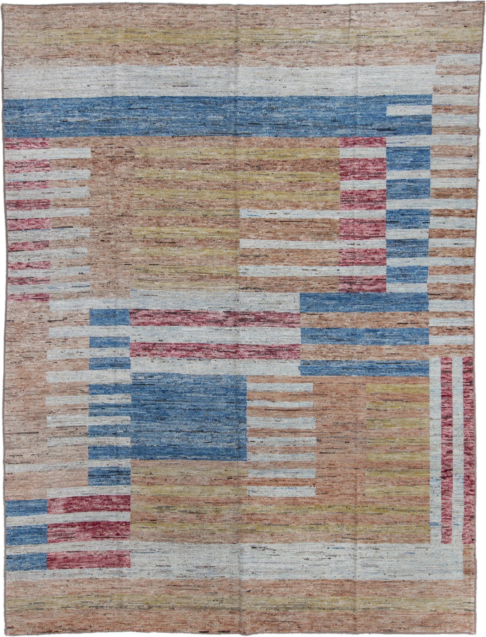 10' x 13' one-of-a-kind handmade vintage Tulu large size rug. Color palette: camel, ivory, blue, rose, gold, taupe, beige