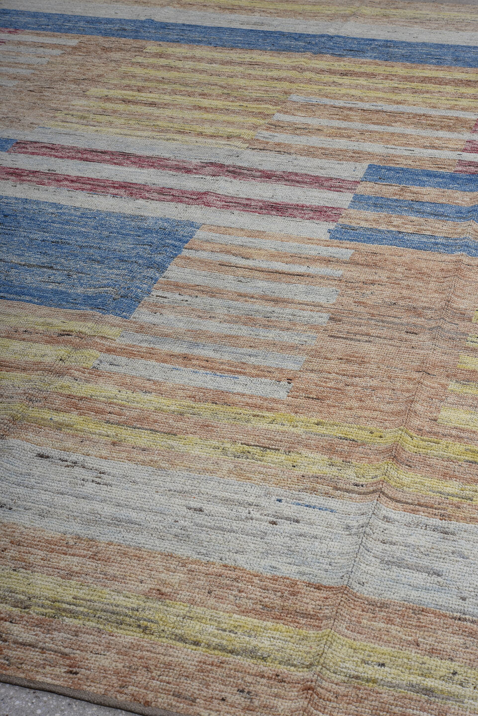 10' x 13' one-of-a-kind handmade vintage Tulu large size rug. Color palette: camel, ivory, blue, rose, gold, taupe, beige