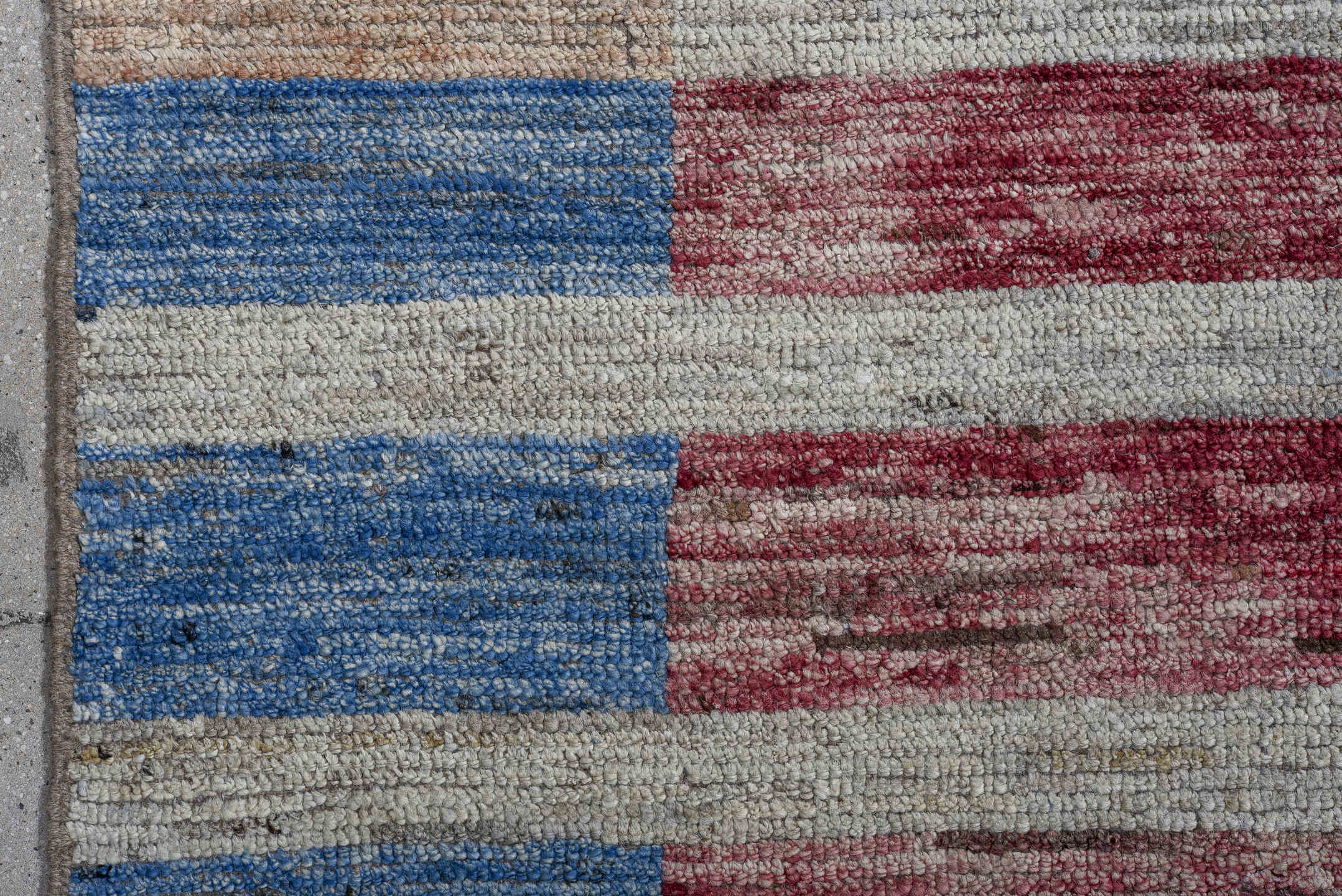 10' x 13' one-of-a-kind handmade vintage Tulu large size rug. Color palette: camel, ivory, blue, rose, gold, taupe, beige