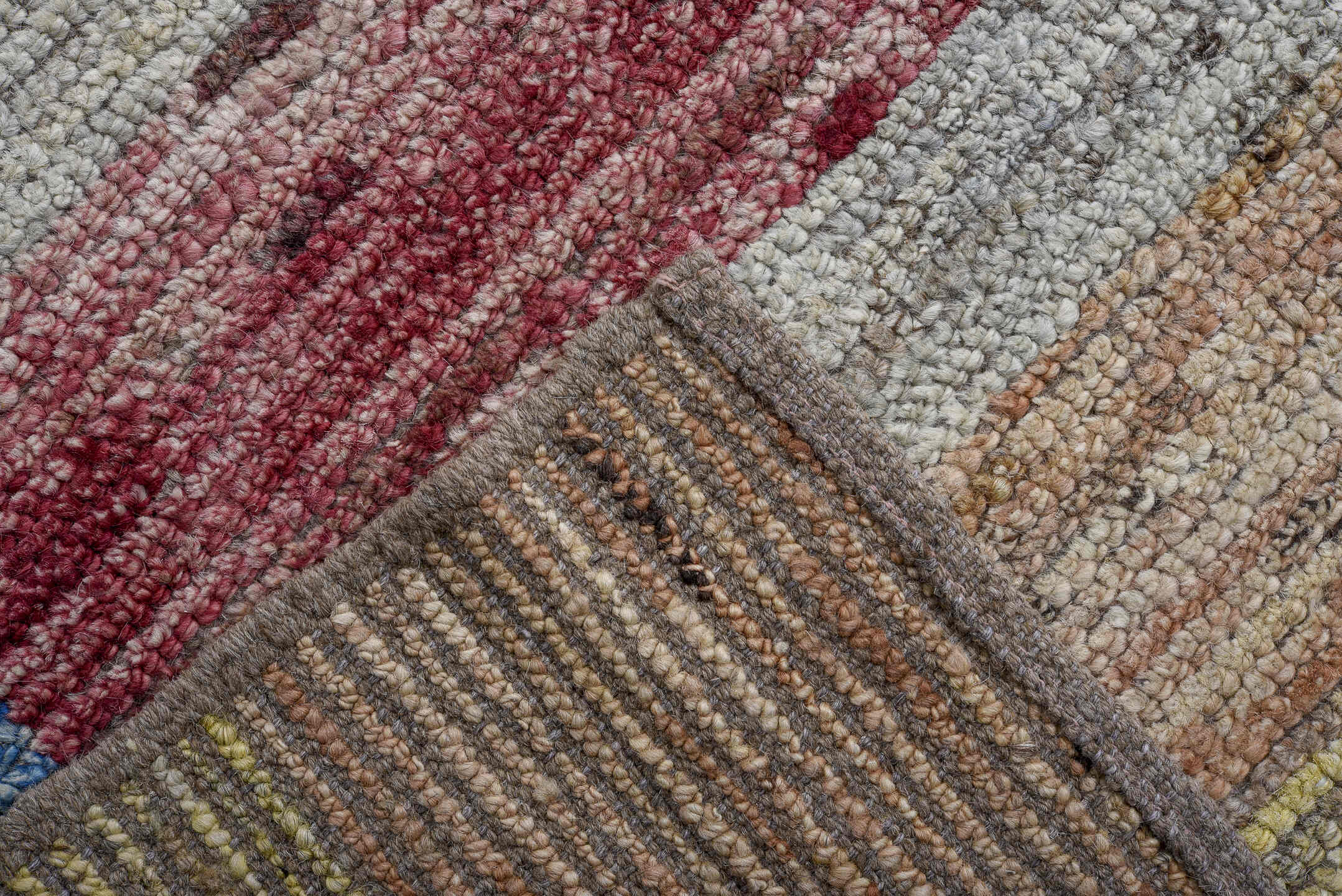 10' x 13' one-of-a-kind handmade vintage Tulu large size rug. Color palette: camel, ivory, blue, rose, gold, taupe, beige