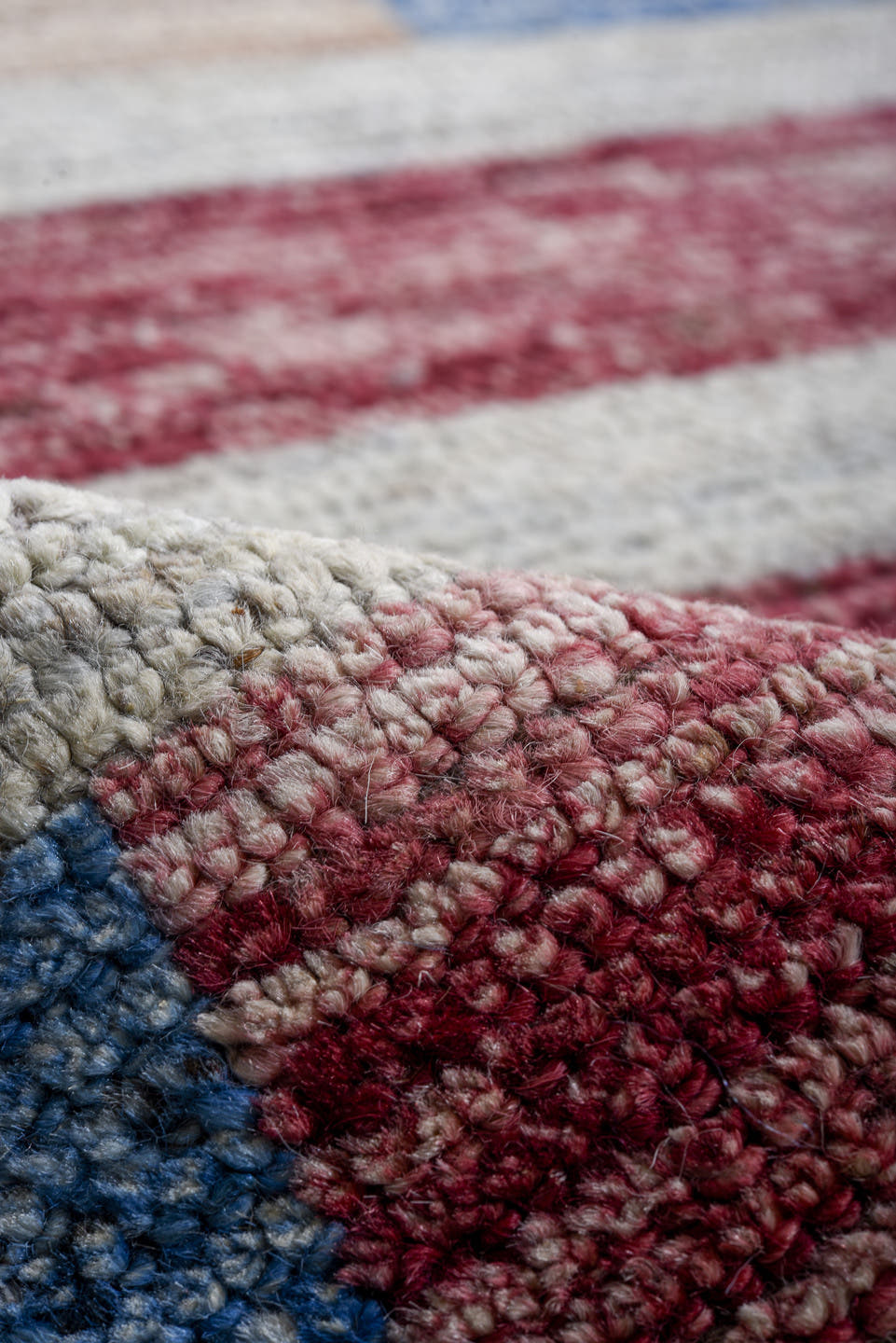 10' x 13' one-of-a-kind handmade vintage Tulu large size rug. Color palette: camel, ivory, blue, rose, gold, taupe, beige