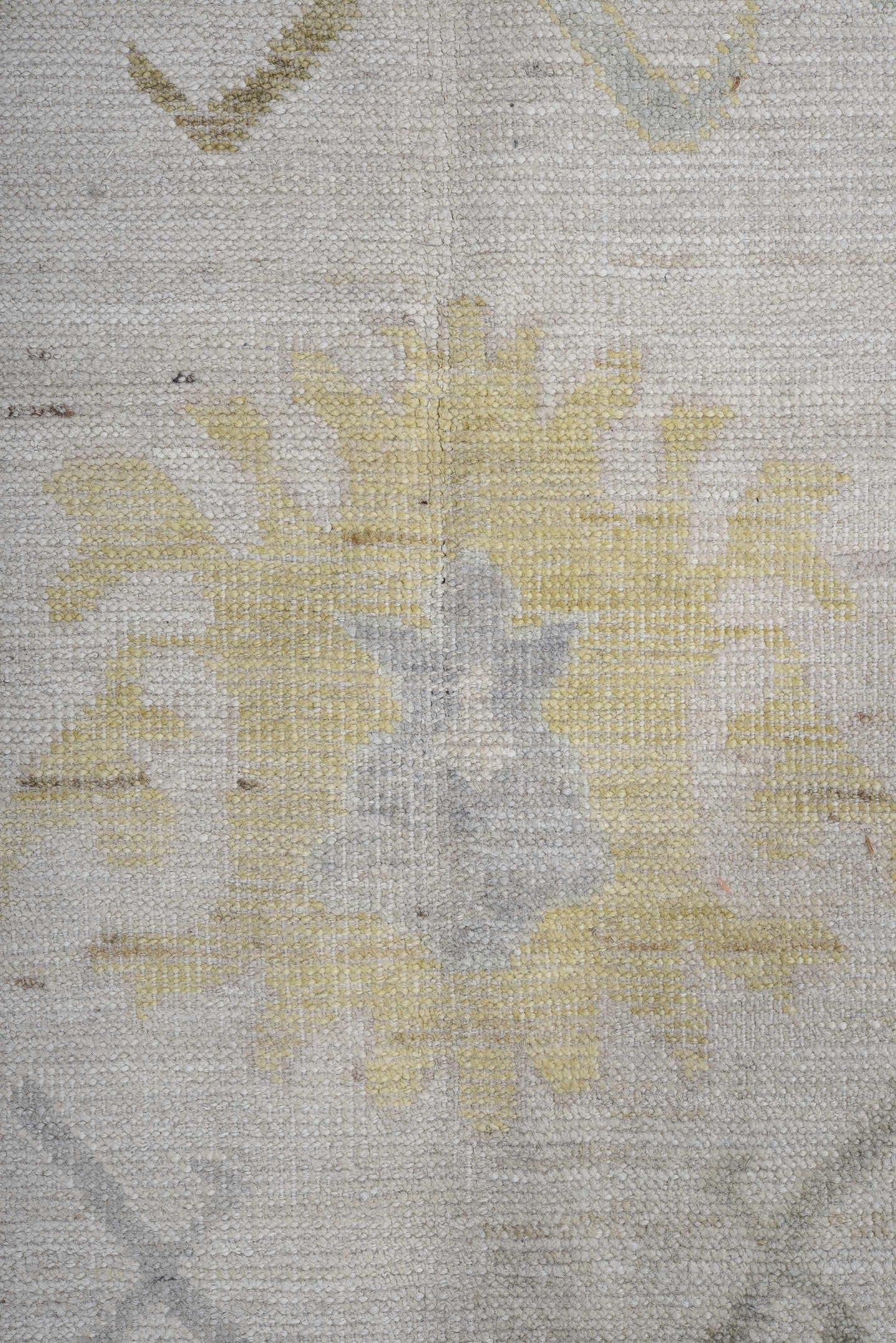11' x 14' one-of-a-kind handmade vintage Oushak oversize rug. Color palette: ivory, taupe, sage, camel, pale gold