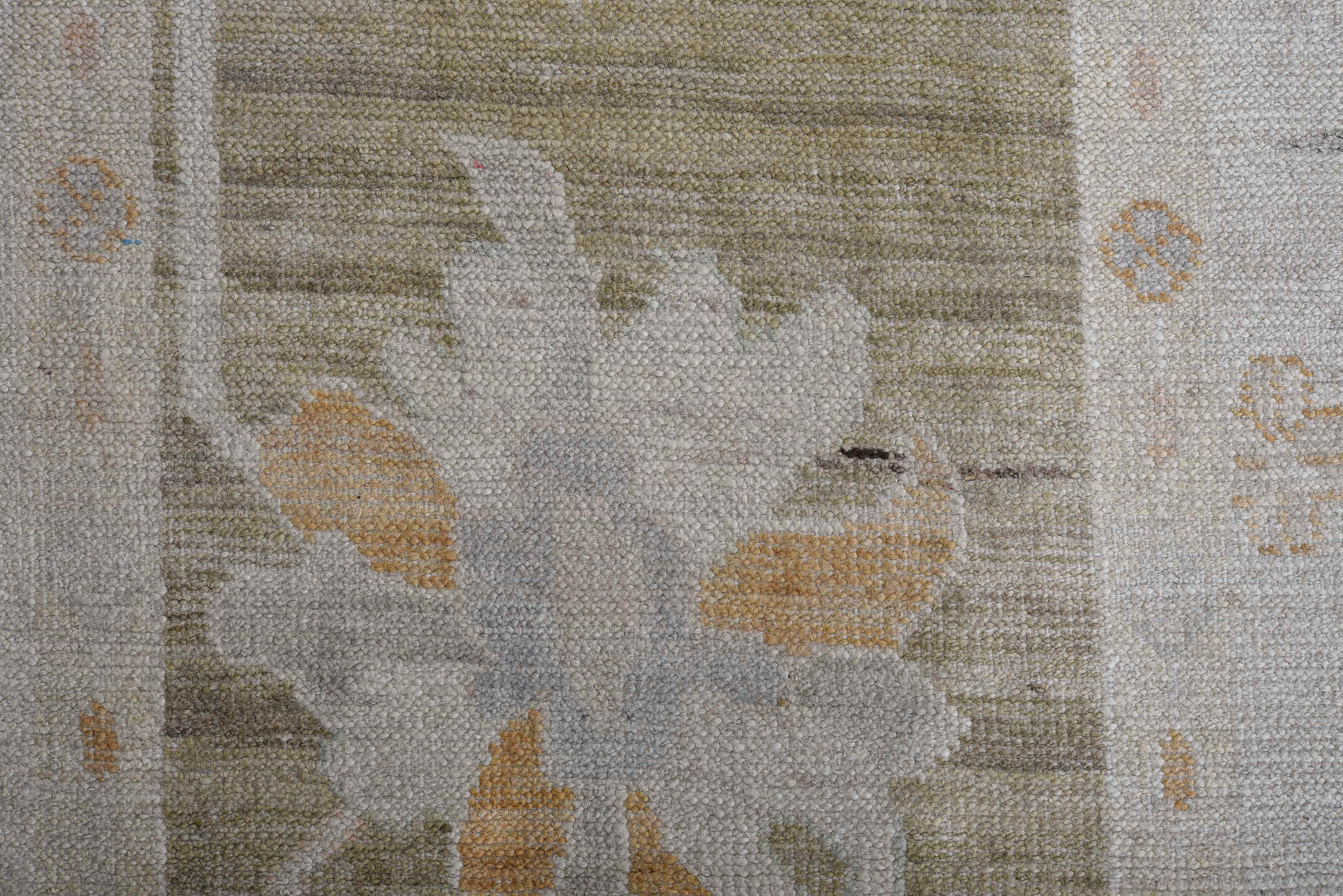 11' x 14' one-of-a-kind handmade vintage Oushak oversize rug. Color palette: ivory, taupe, sage, camel, pale gold