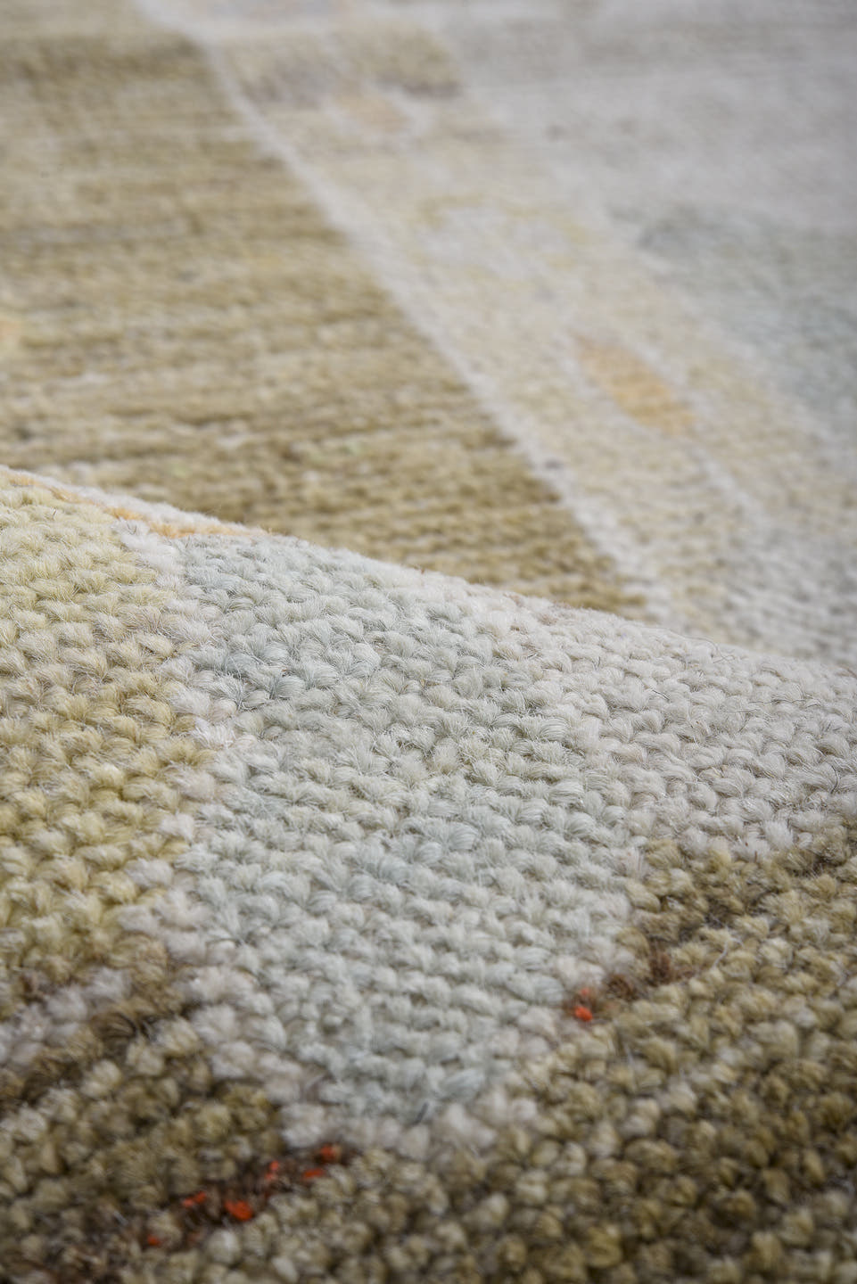 11' x 14' one-of-a-kind handmade vintage Oushak oversize rug. Color palette: ivory, taupe, sage, camel, pale gold