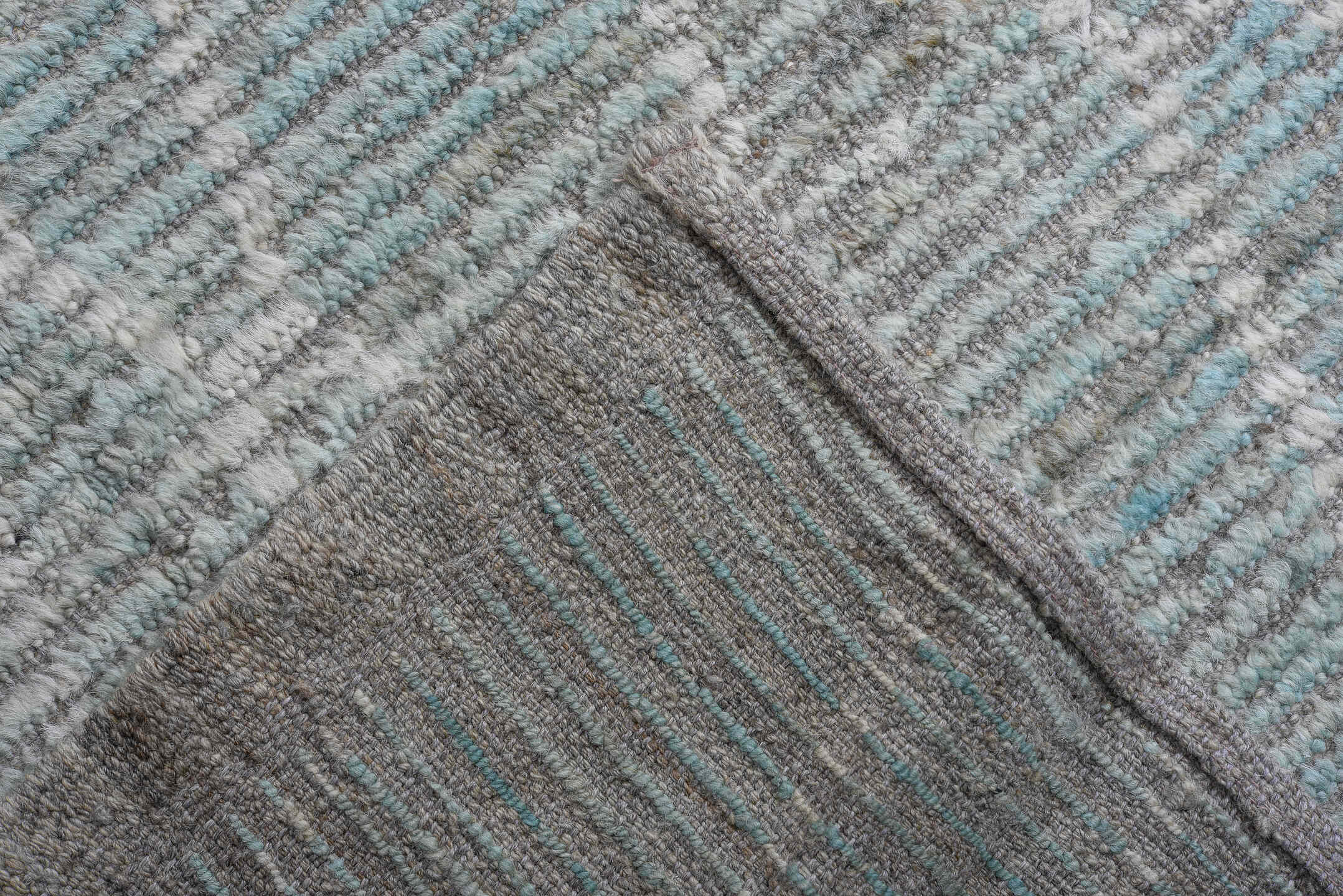 16' x 19' one-of-a-kind handmade vintage Tulu oversize rug. Color palette: pale blue, ivory, silver, gray, light blue