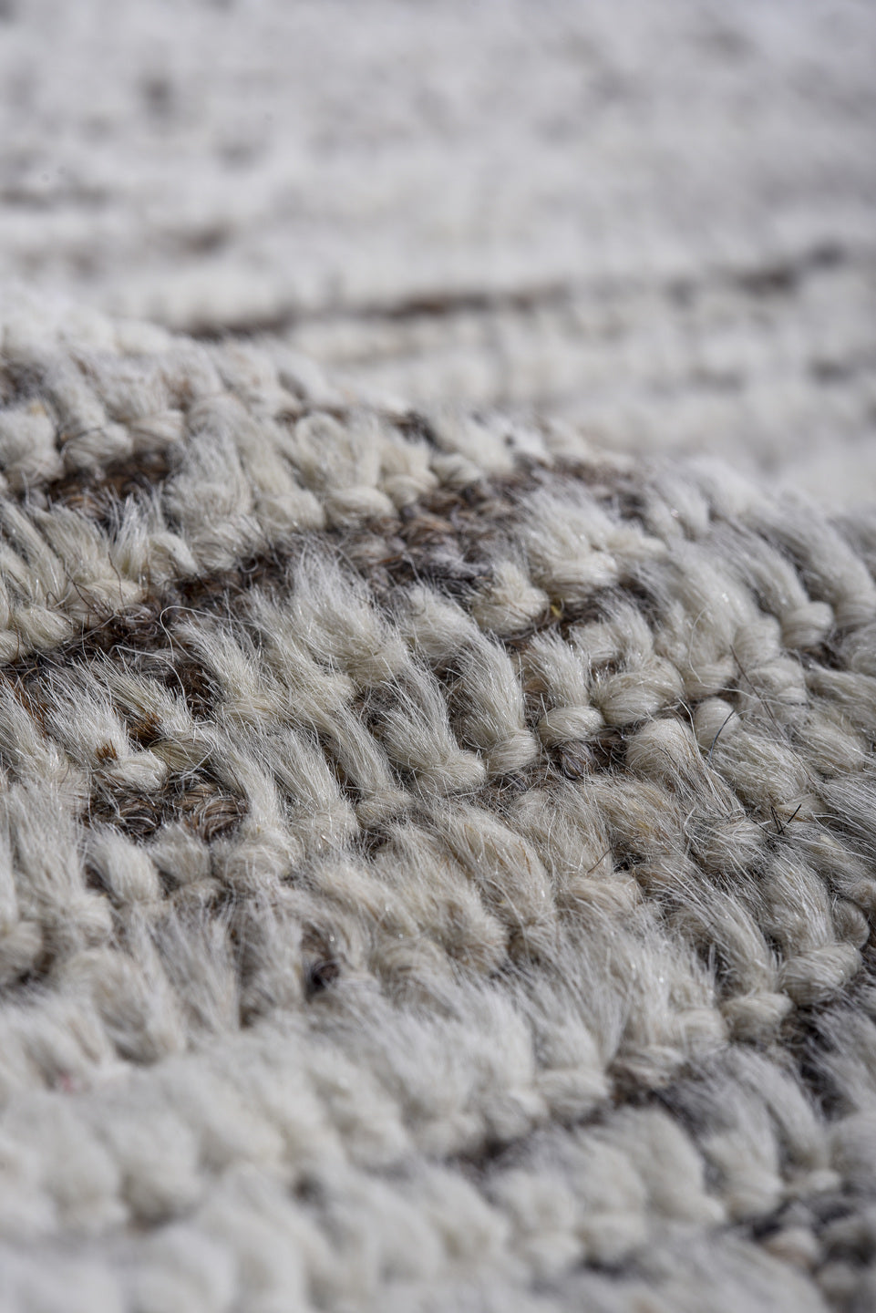 12' x 14' one-of-a-kind handmade vintage Tulu oversize rug. Color palette: brown, gray, light gray, off-white, snow, white